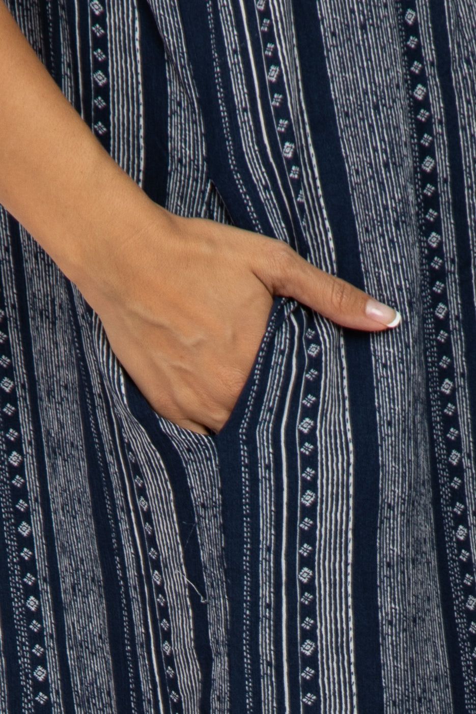 Navy Blue Printed Stripe Maternity Jumpsuit sold by Pinkblush product image thumbnail 5