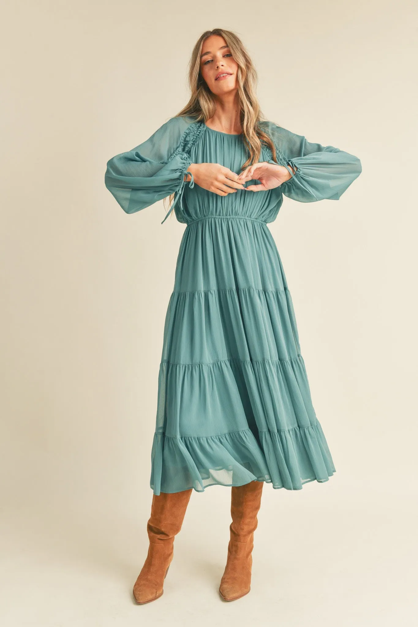 Green Tiered Ruffle Sleeve Midi Dress sold by Pinkblush product image thumbnail 4