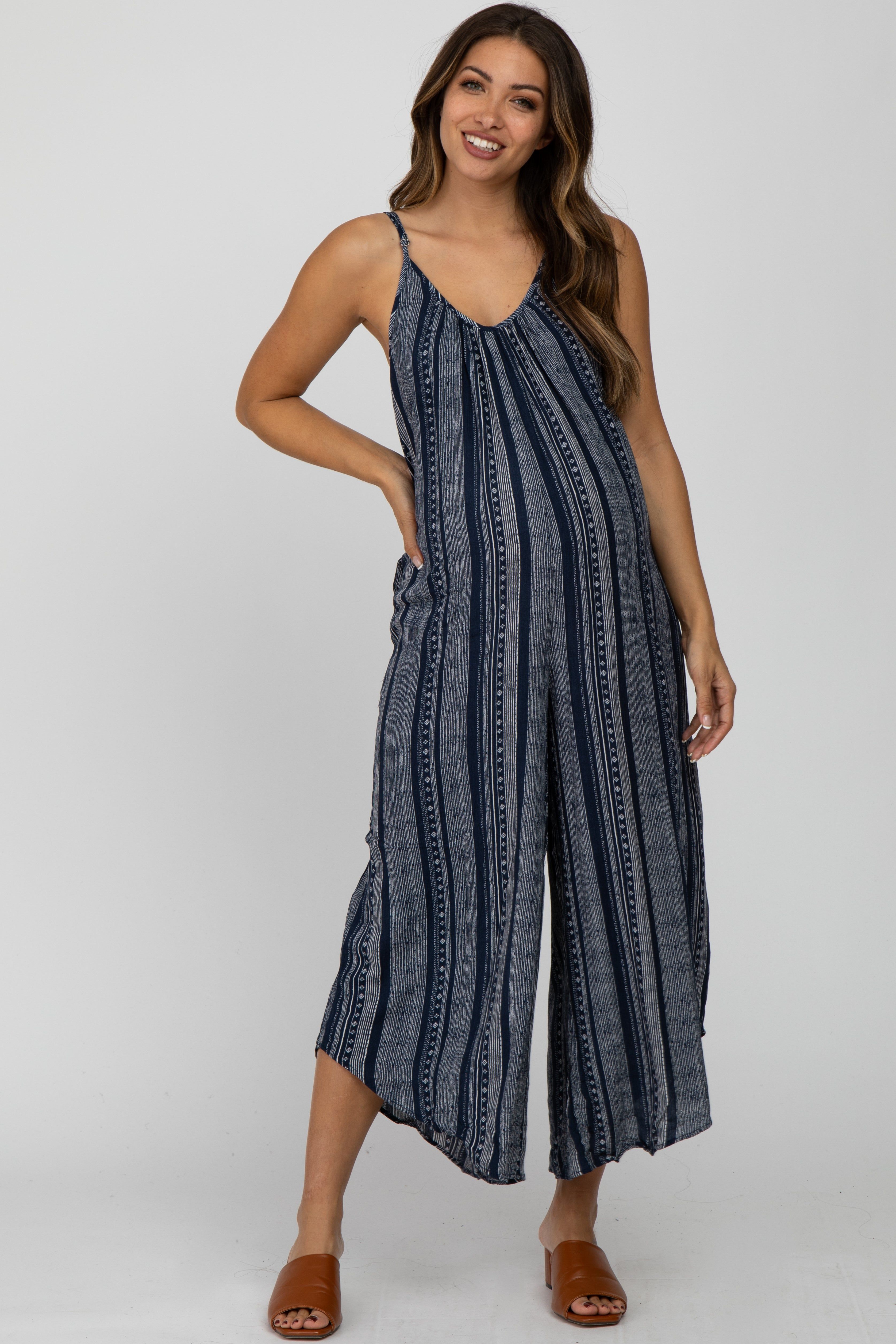 Navy Blue Printed Stripe Maternity Jumpsuit sold by Pinkblush product image thumbnail 2