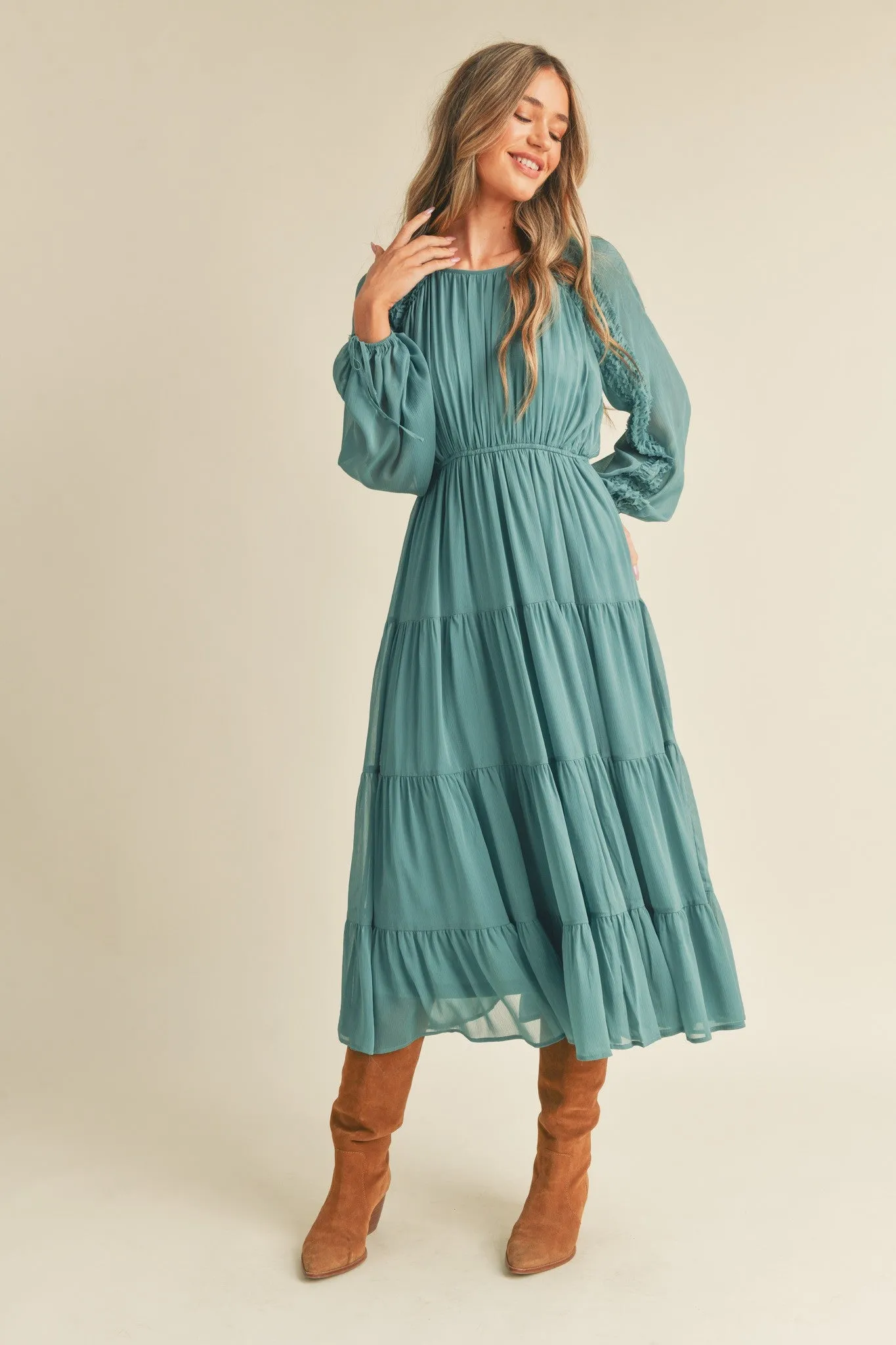 Green Tiered Ruffle Sleeve Midi Dress sold by Pinkblush