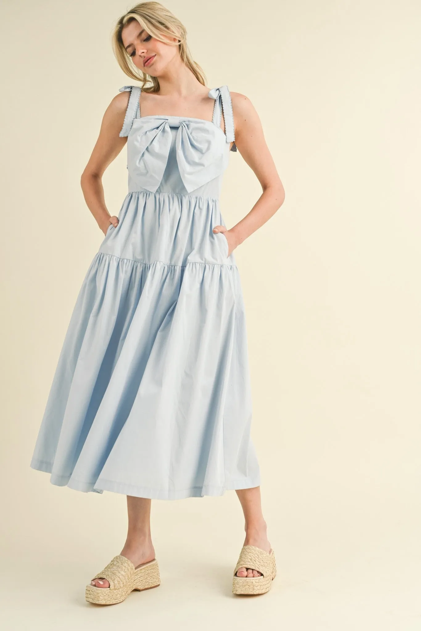 Light Blue Bow Front Scalloped Midi Dress sold by Pinkblush