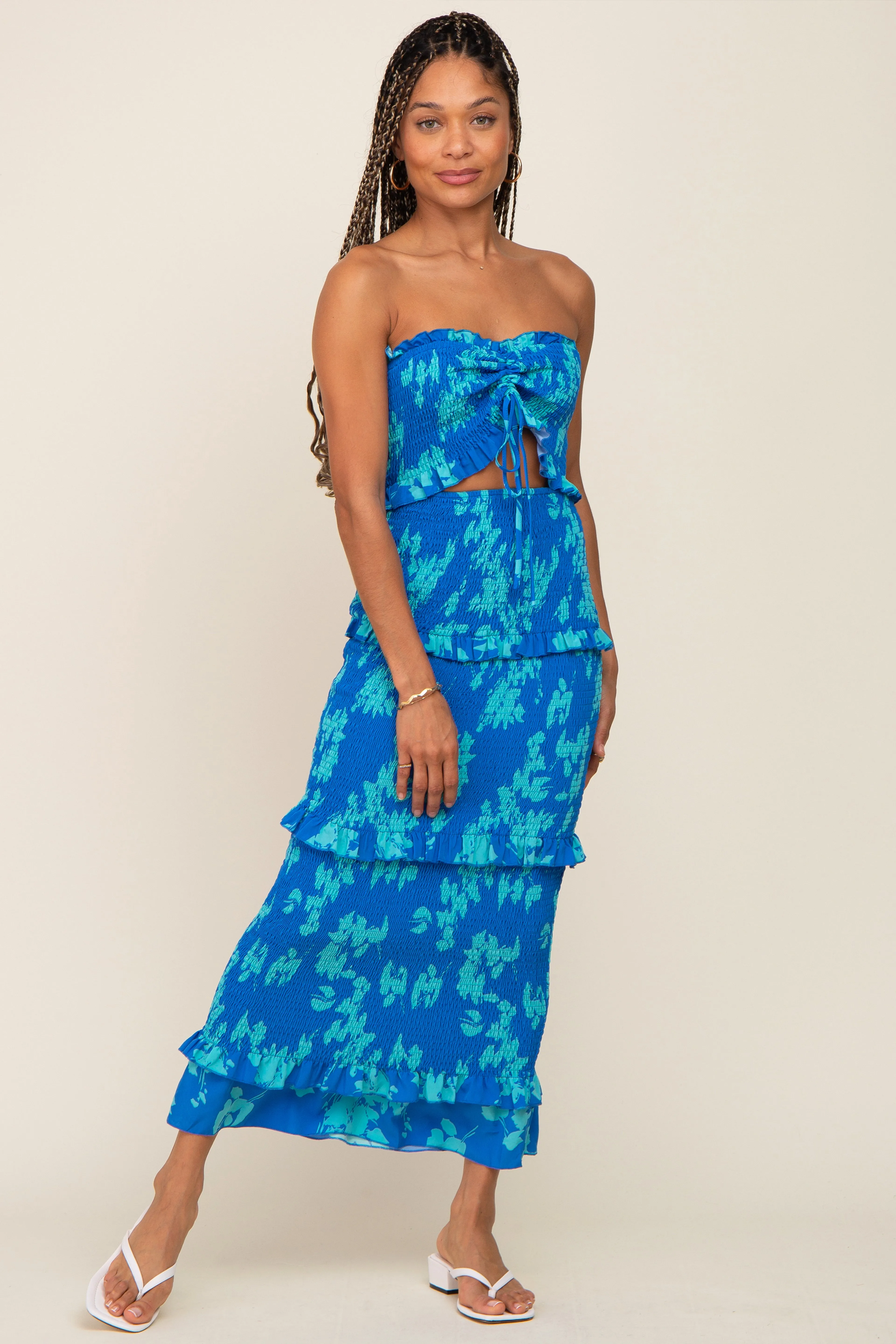 Blue Floral Smocked Drawstring Front Cutout Ruffle Trim Maternity Midi Dress sold by Pinkblush product image thumbnail 5