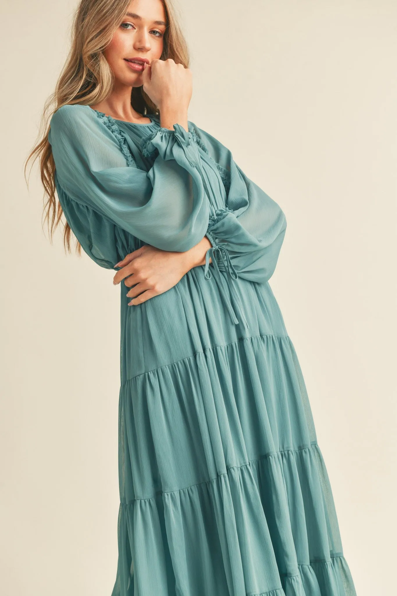 Green Tiered Ruffle Sleeve Midi Dress sold by Pinkblush product image thumbnail 5