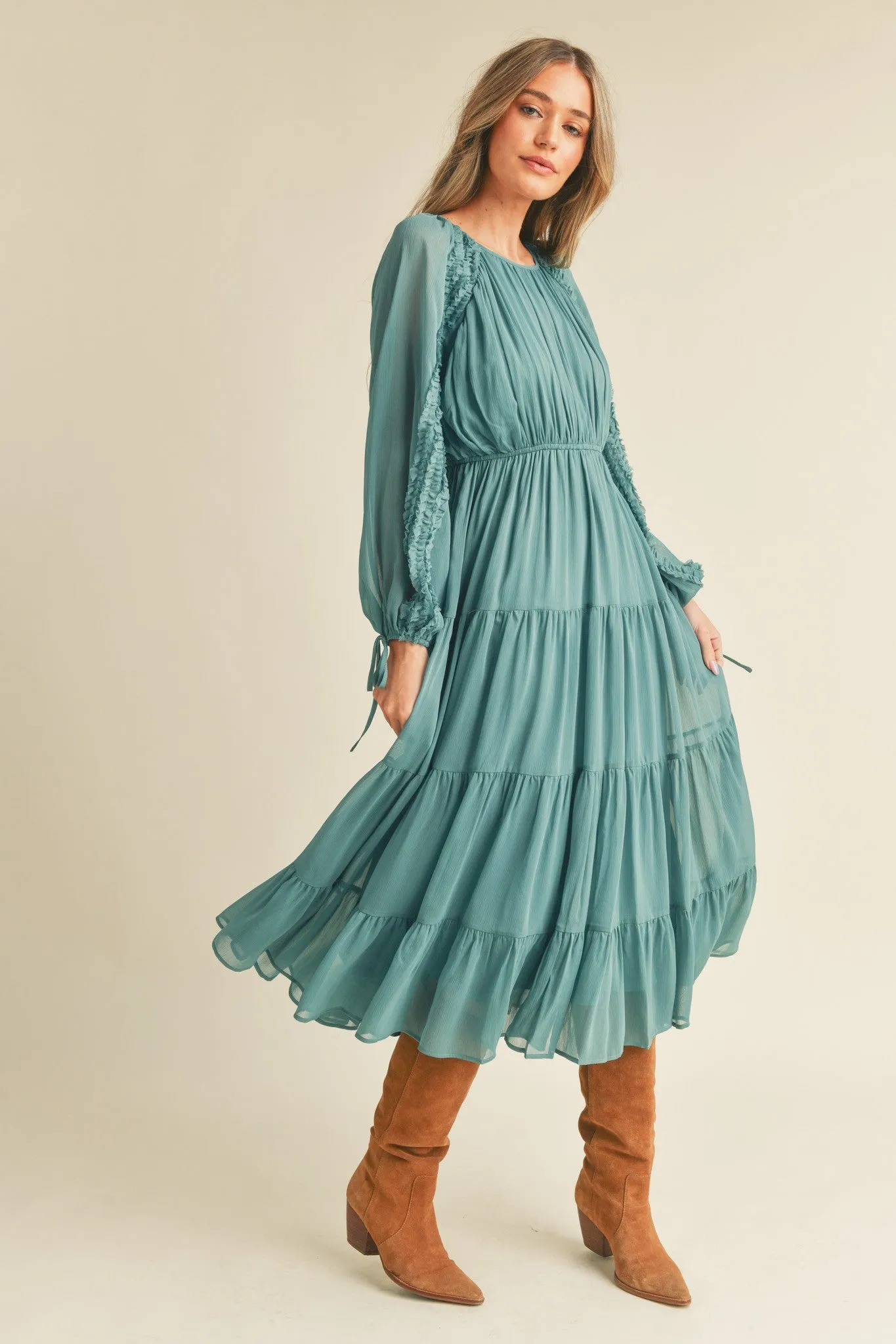 Green Tiered Ruffle Sleeve Midi Dress sold by Pinkblush product image thumbnail 2