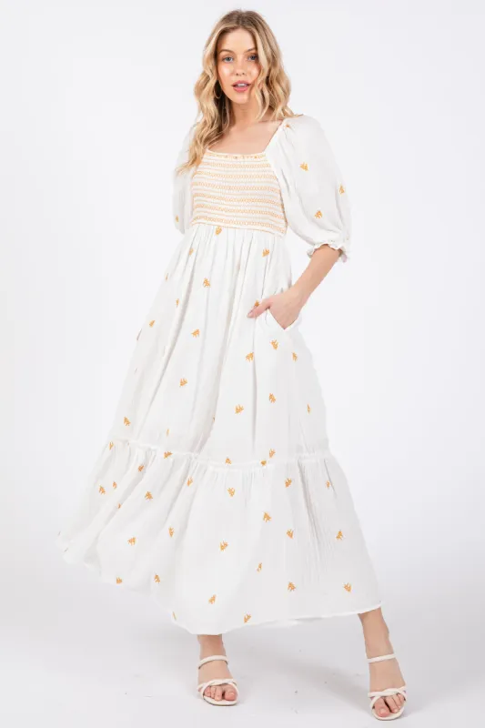 Ivory Gauze Smocked Embroidered Square Neck Midi Dress sold by Pinkblush