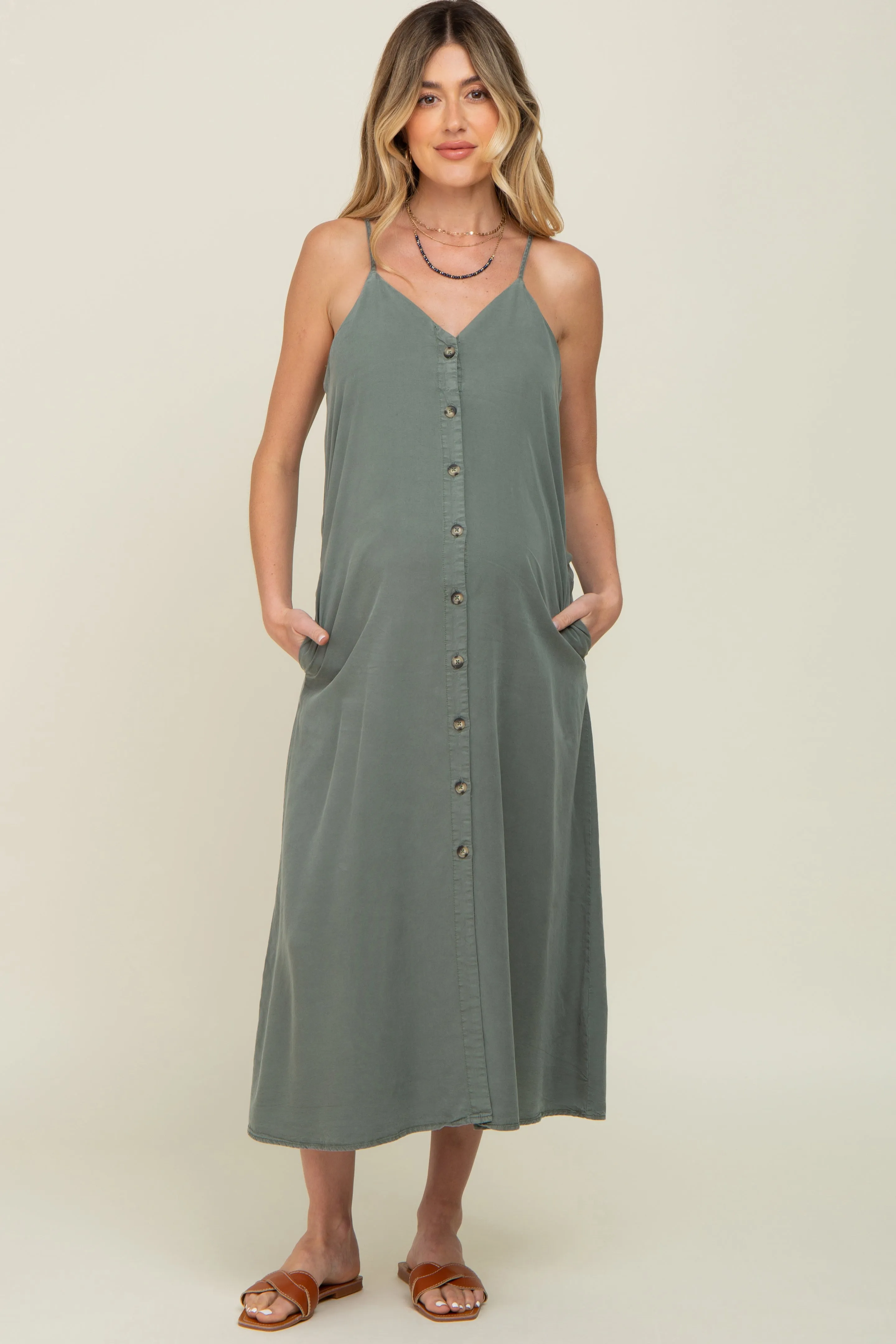 Olive Button Down Maternity Midi Tank Dress sold by Pinkblush