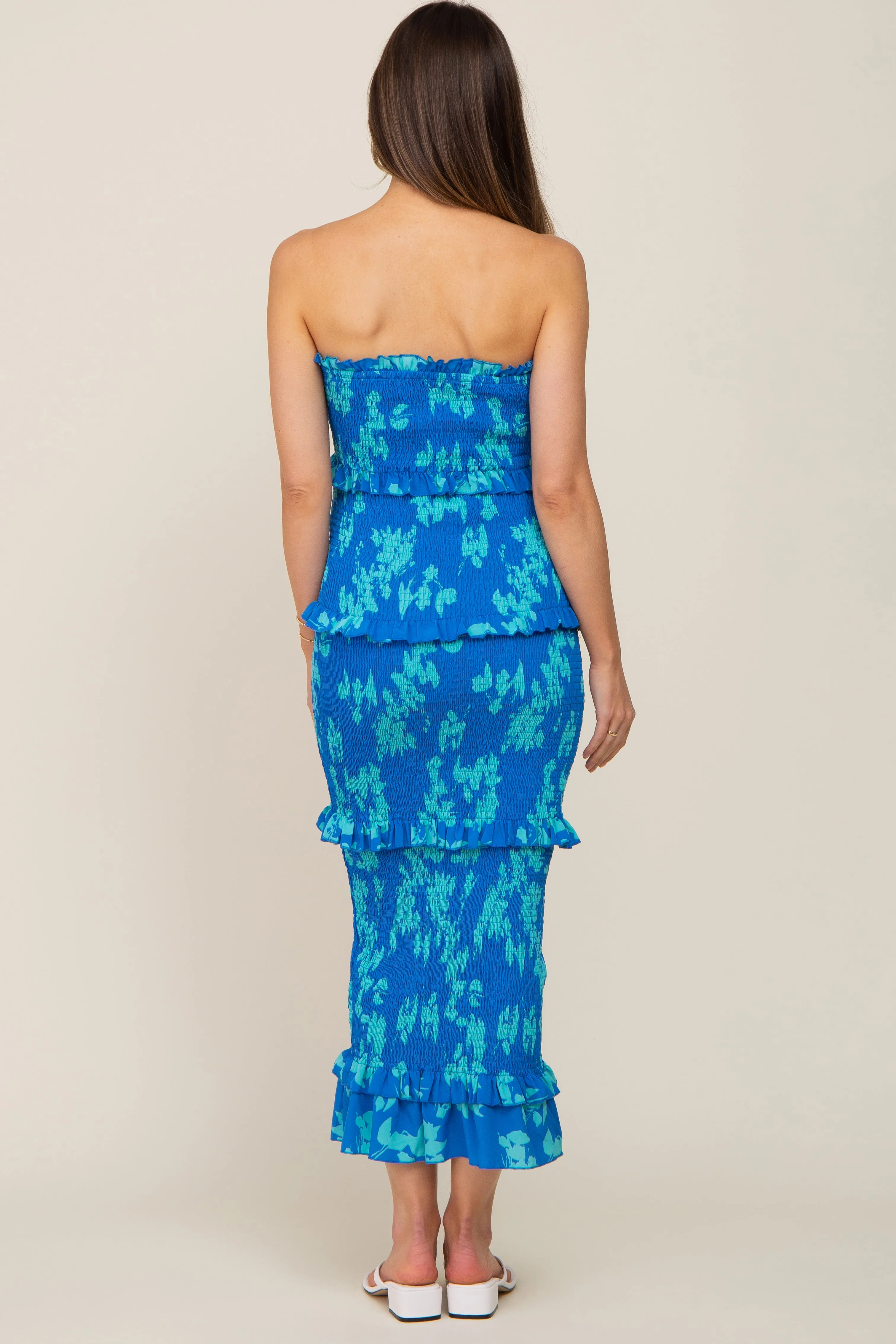 Blue Floral Smocked Drawstring Front Cutout Ruffle Trim Maternity Midi Dress sold by Pinkblush product image thumbnail 3