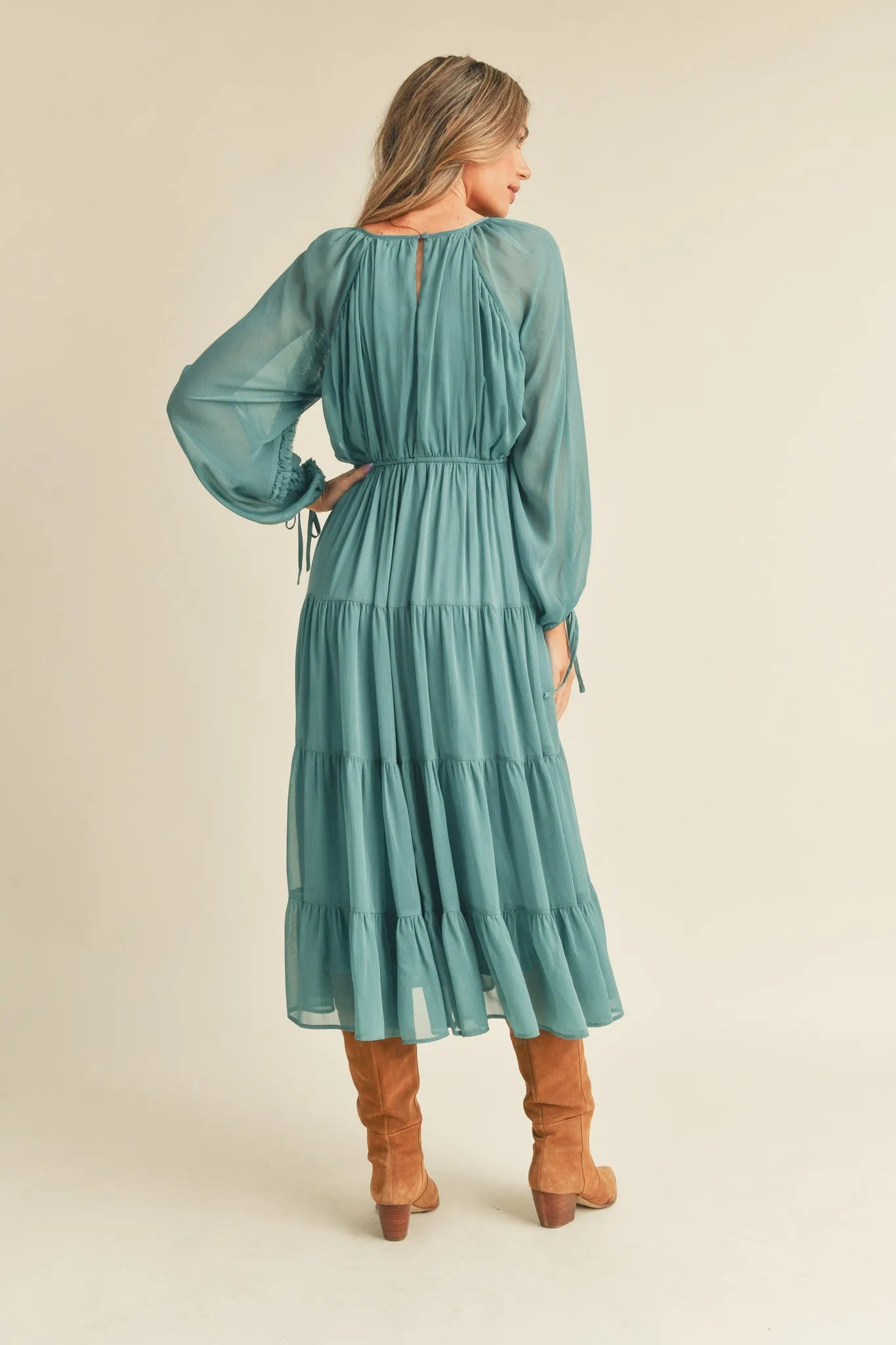 Green Tiered Ruffle Sleeve Midi Dress sold by Pinkblush product image thumbnail 3
