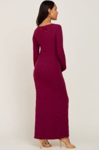 Burgundy Ribbed Fitted Long Sleeve Maternity Maxi Dress sold by Pinkblush
