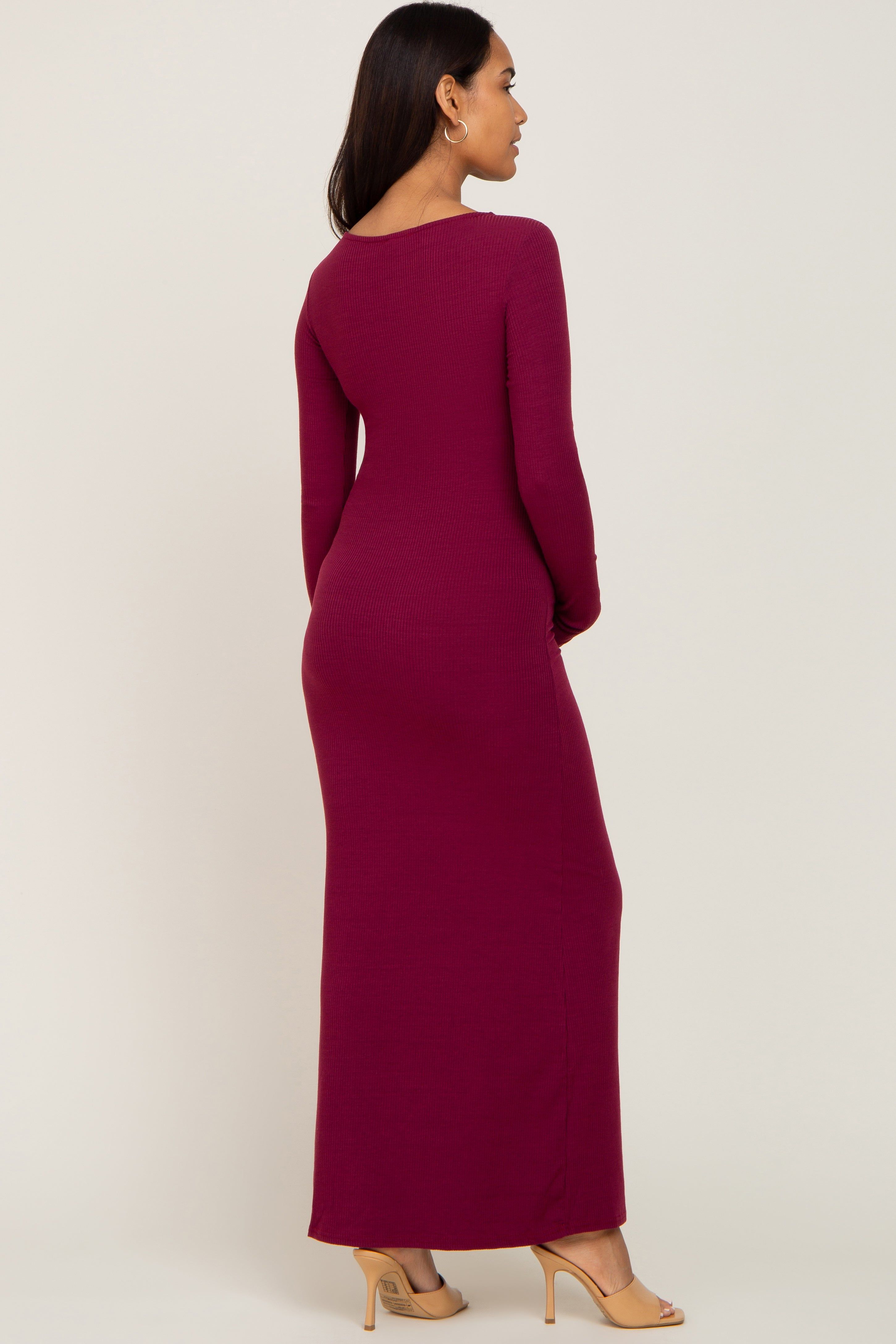 Burgundy Ribbed Fitted Long Sleeve Maternity Maxi Dress sold by Pinkblush product image thumbnail 3
