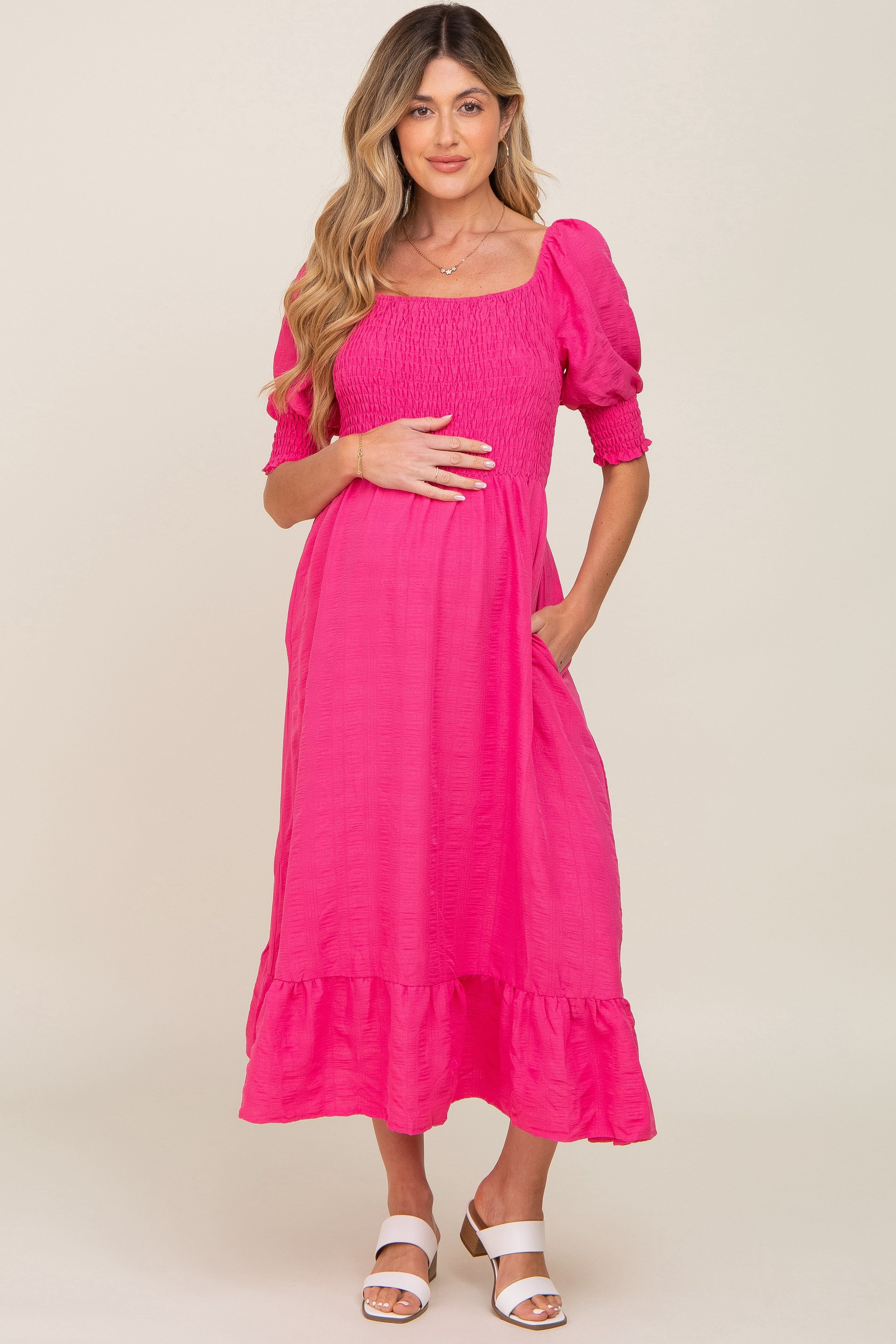 Fuchsia Square Neck Smocked Short Sleeve Maternity Midi Dress sold by Pinkblush product image thumbnail 2
