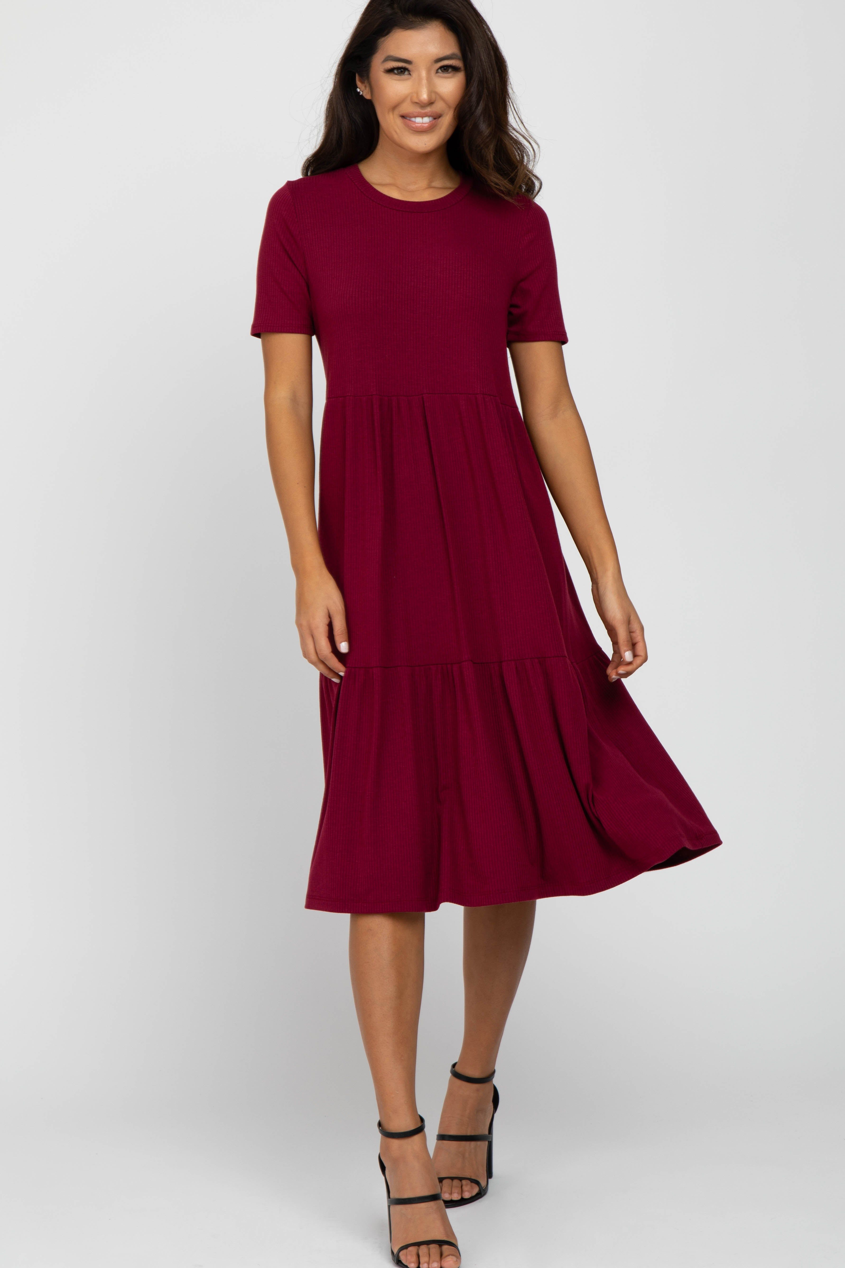 Burgundy Ribbed Tiered Dress sold by Pinkblush