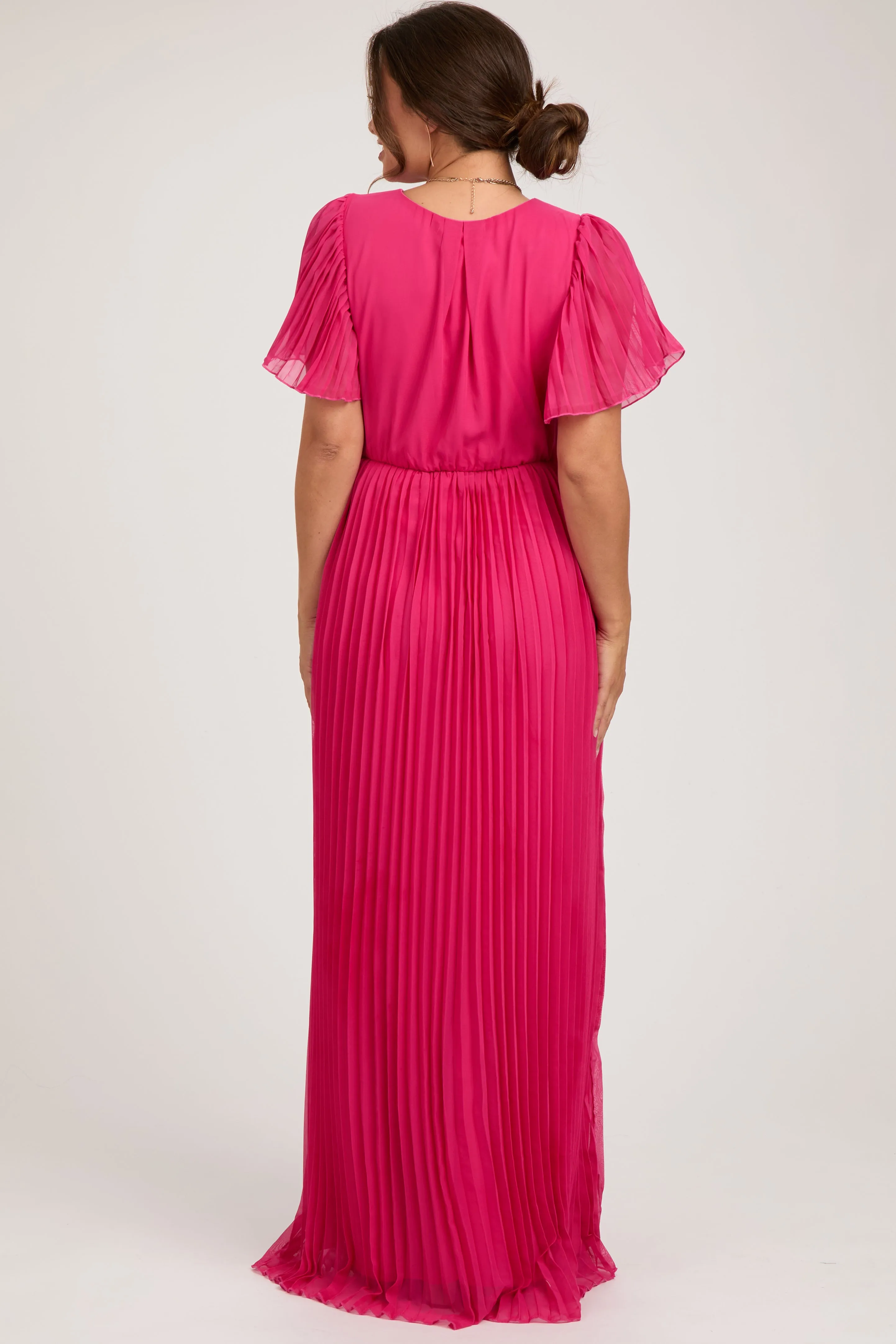 Fuchsia Chiffon Wrap Front V-Neck Short Sleeve Pleated Maternity Maxi Dress sold by Pinkblush product image thumbnail 3