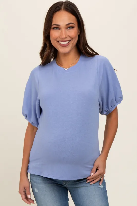 Light Blue Short Puff Sleeve Maternity Top sold by Pinkblush