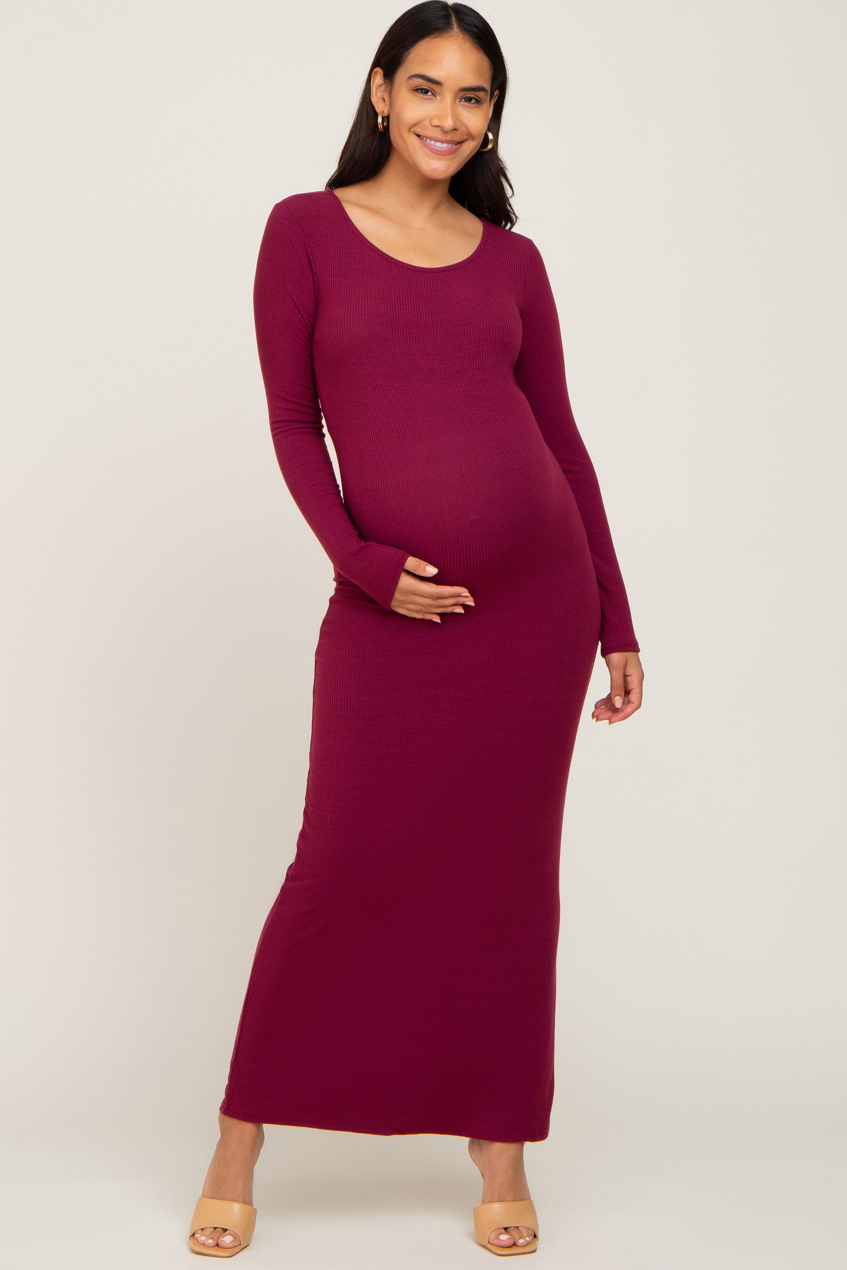Burgundy Ribbed Fitted Long Sleeve Maternity Maxi Dress sold by Pinkblush