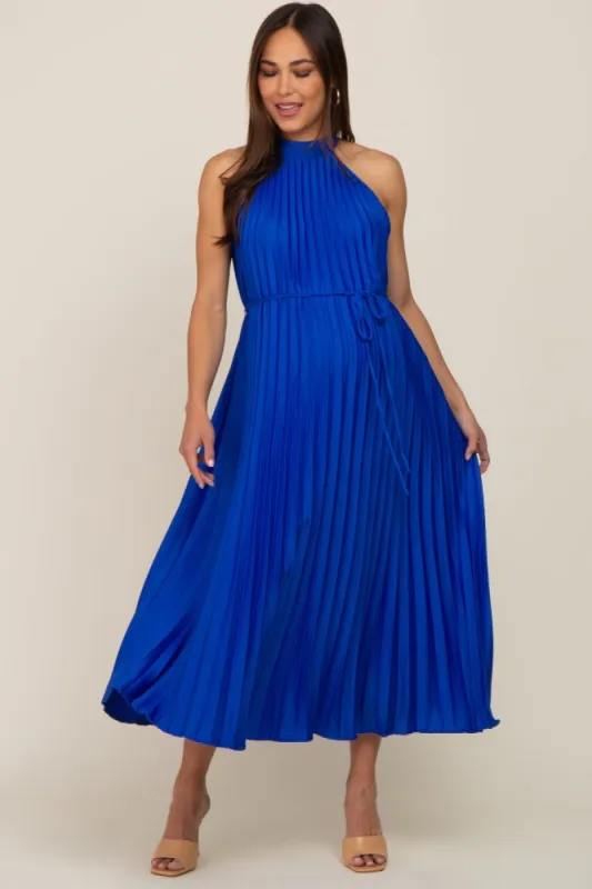 Royal Blue Pleated Maternity Halter Dress sold by Pinkblush