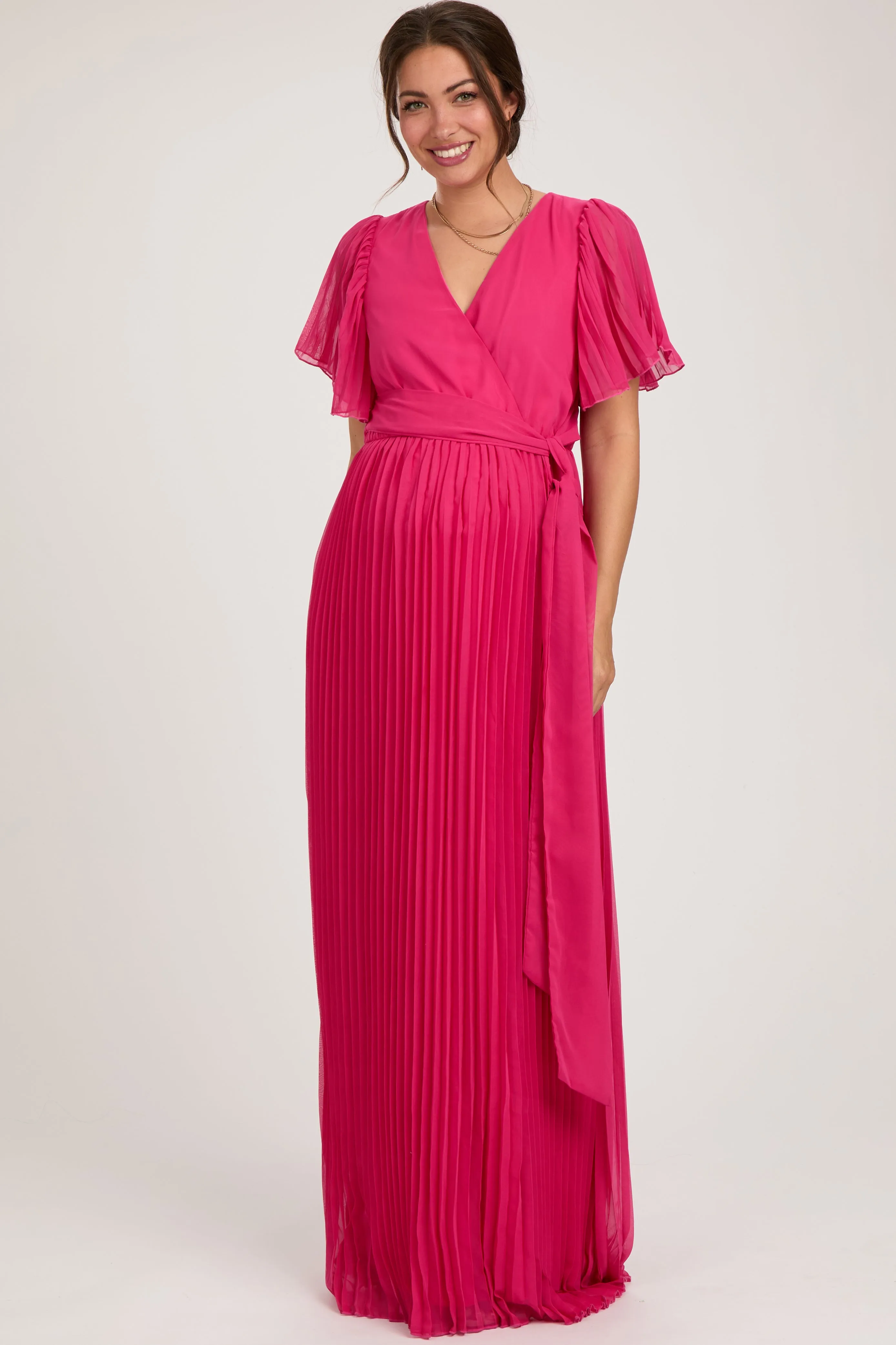 Fuchsia Chiffon Wrap Front V-Neck Short Sleeve Pleated Maternity Maxi Dress sold by Pinkblush