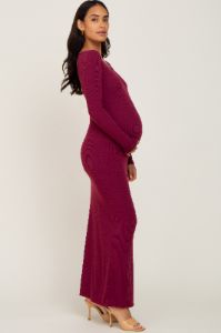 Burgundy Ribbed Fitted Long Sleeve Maternity Maxi Dress sold by Pinkblush