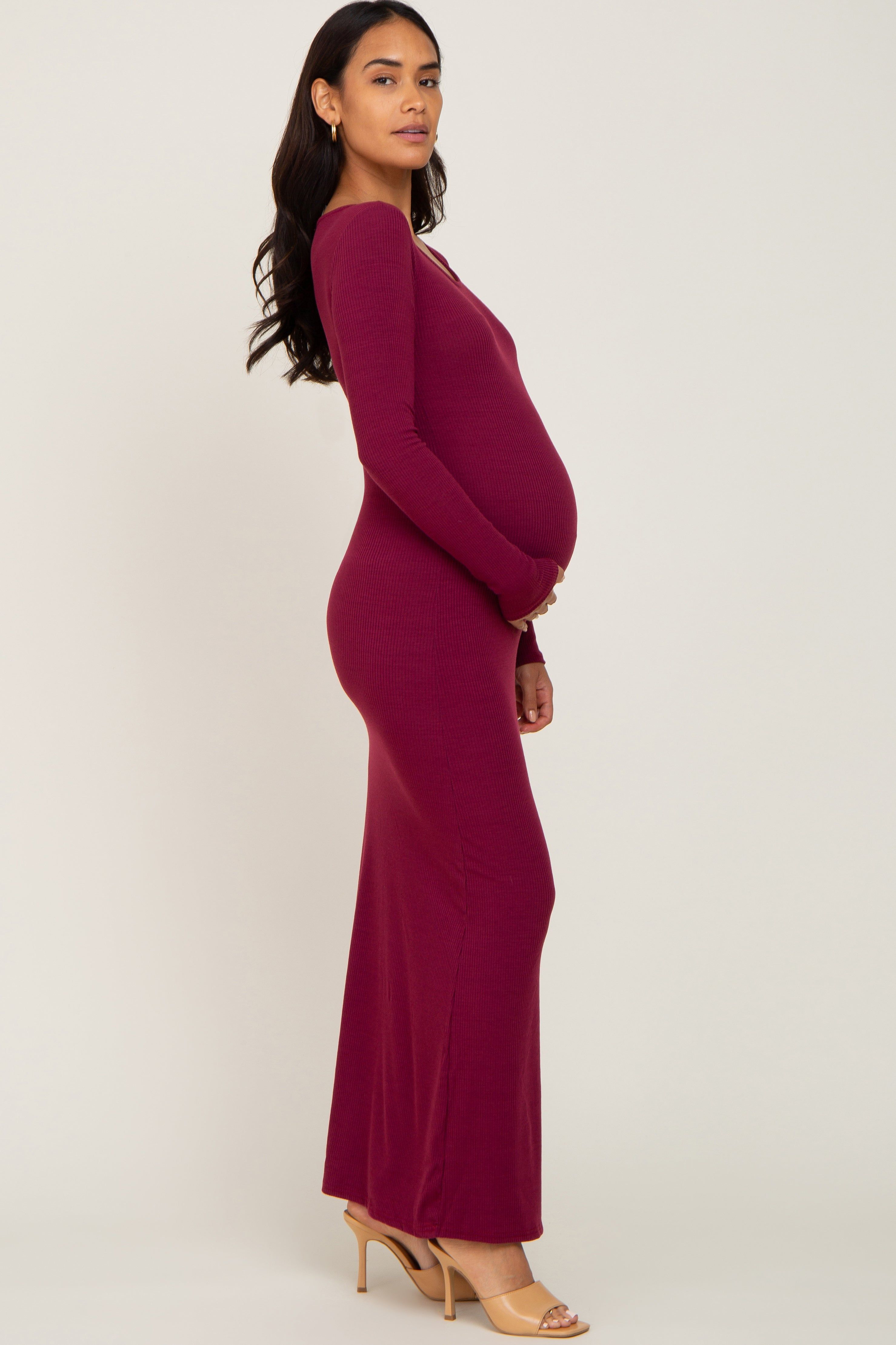 Burgundy Ribbed Fitted Long Sleeve Maternity Maxi Dress sold by Pinkblush product image thumbnail 2