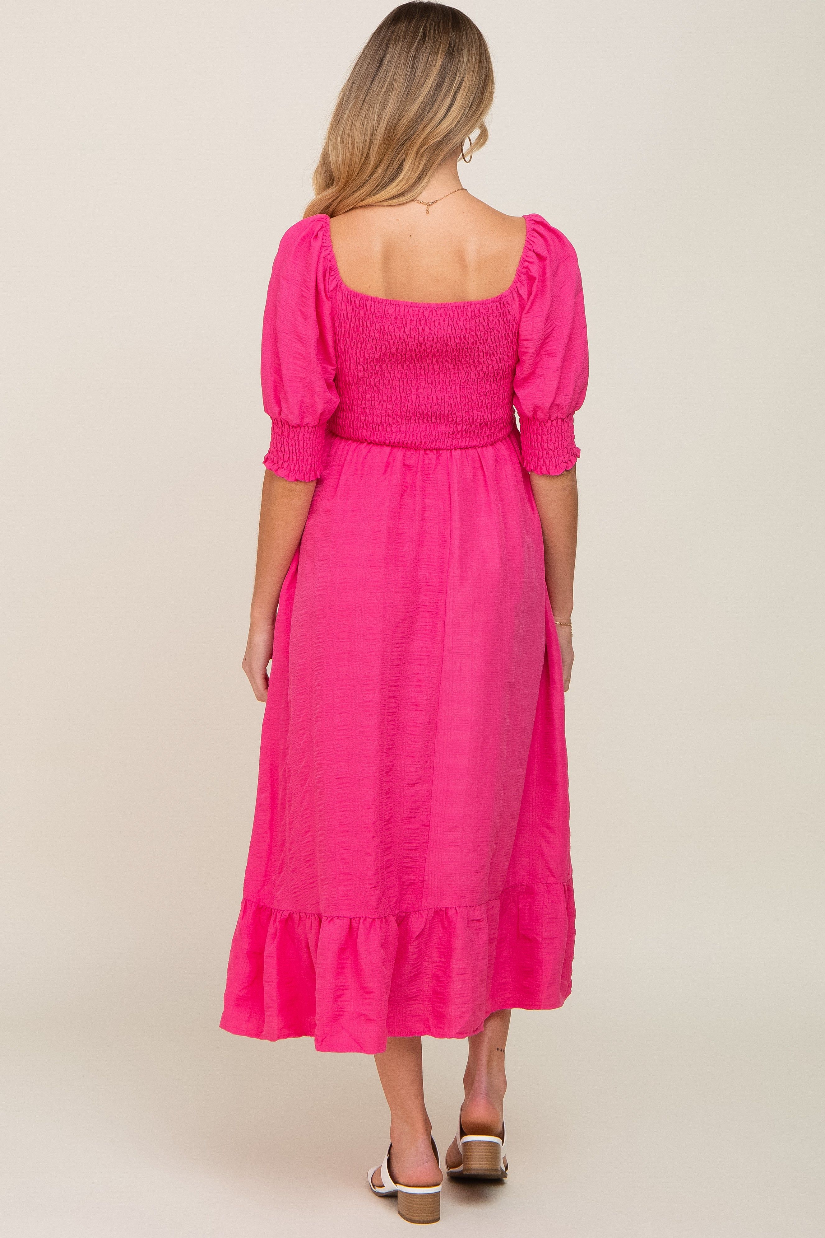 Fuchsia Square Neck Smocked Short Sleeve Maternity Midi Dress sold by Pinkblush product image thumbnail 4