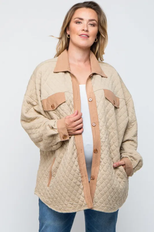 Taupe Colorblock Quilted Maternity Plus Shirt Jacket sold by Pinkblush