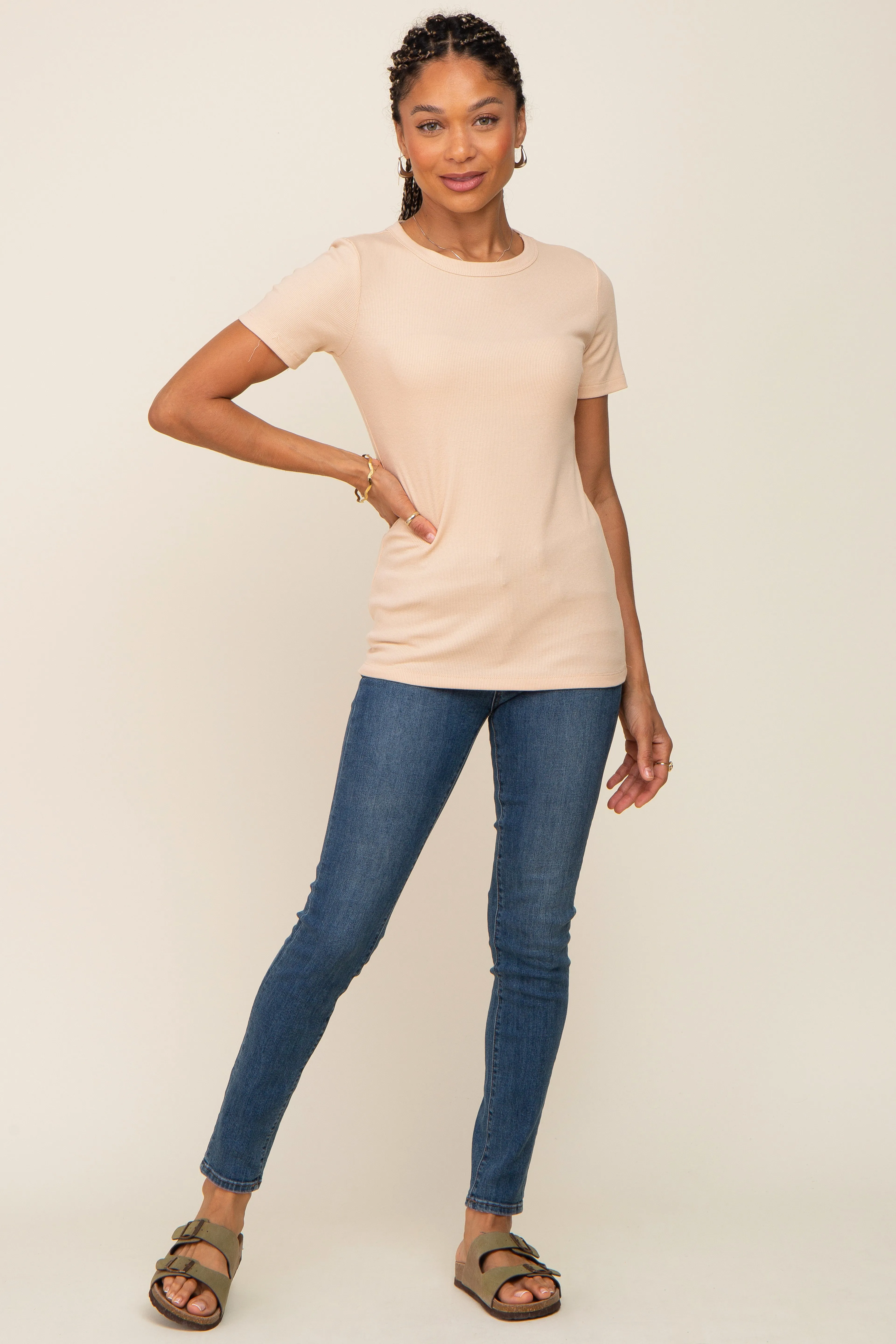 Beige Ribbed Short Sleeve Top sold by Pinkblush product image thumbnail 4