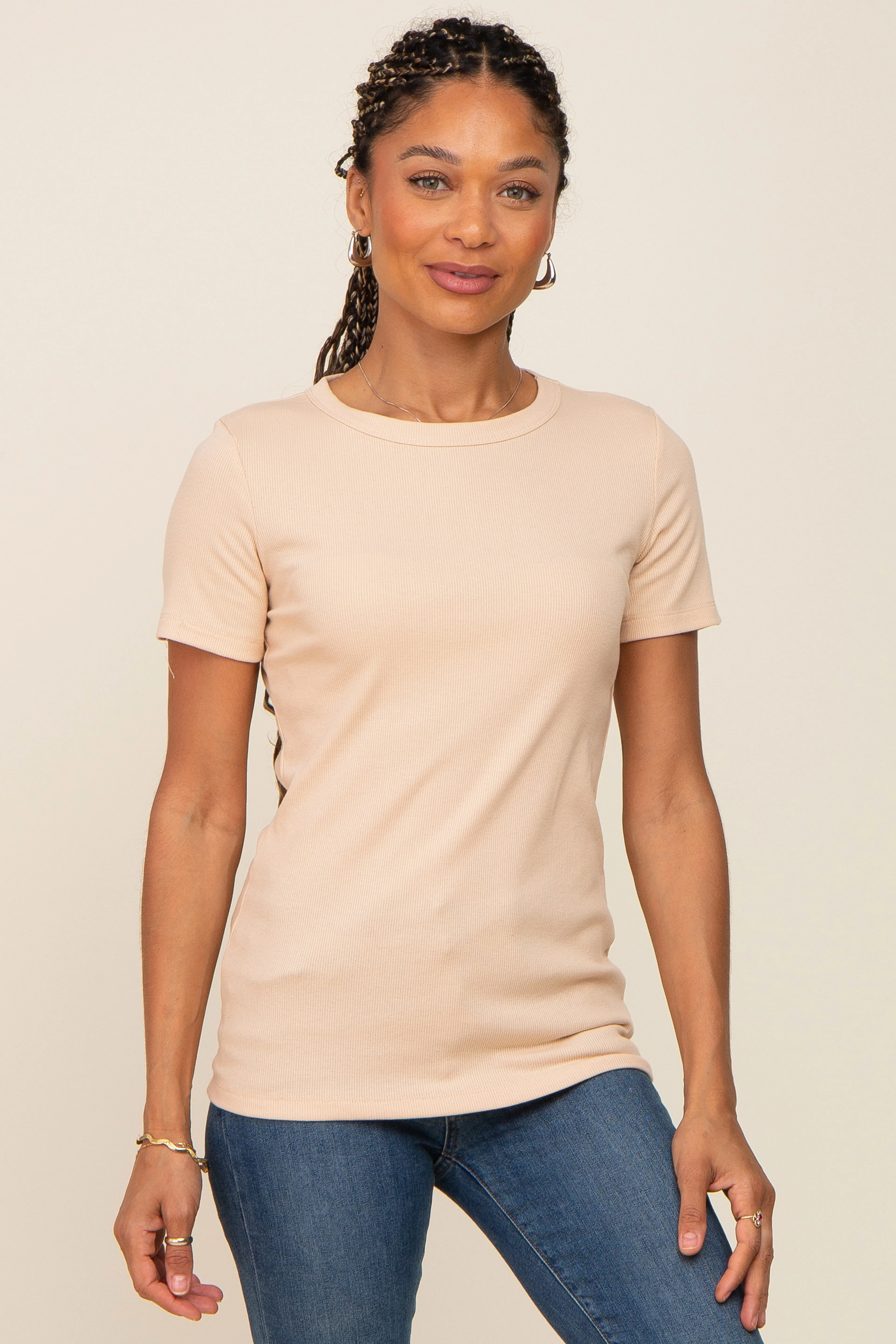 Beige Ribbed Short Sleeve Top sold by Pinkblush
