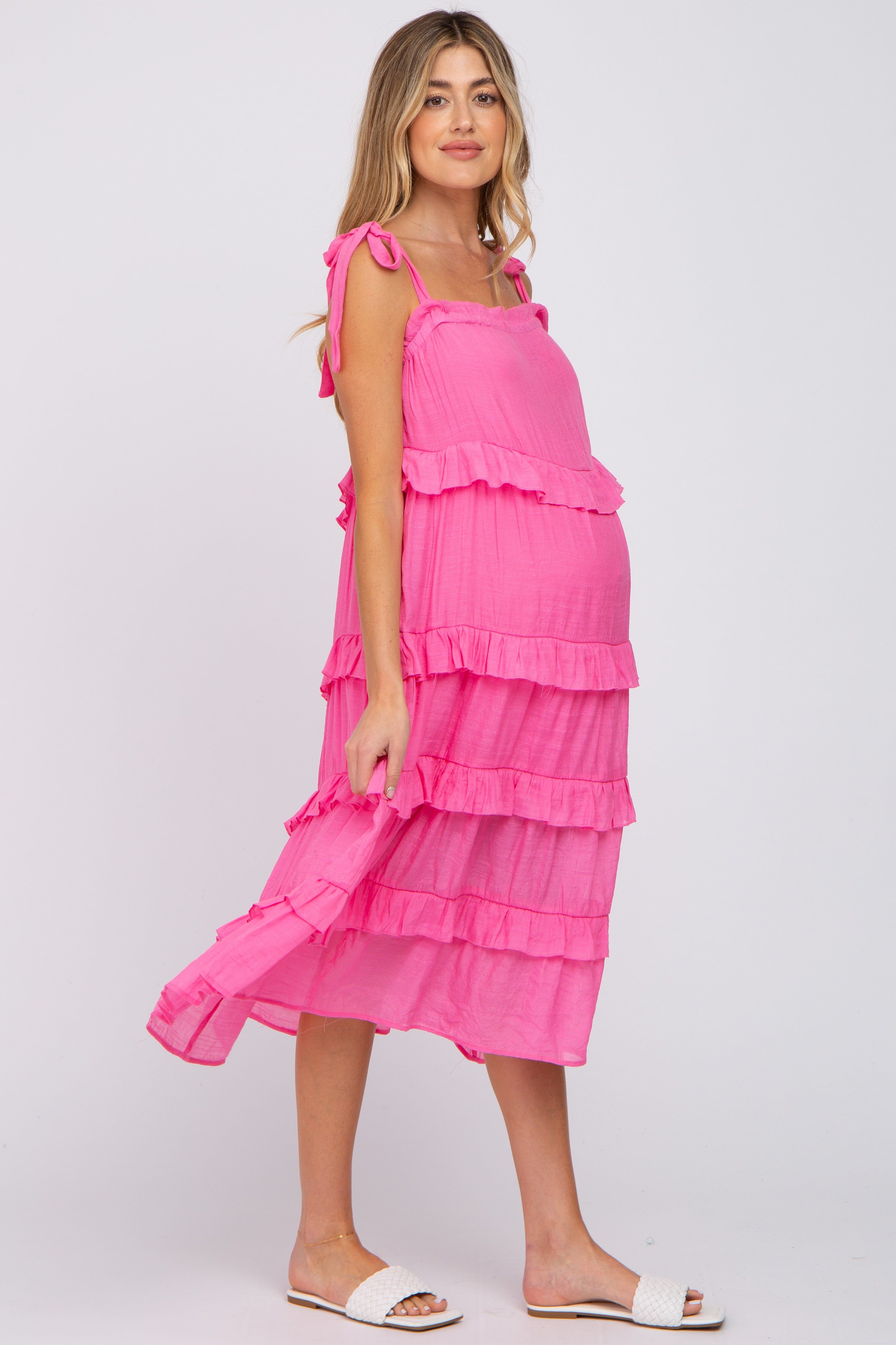 Fuchsia Ruffle Tiered Maternity Midi Dress sold by Pinkblush product image thumbnail 3