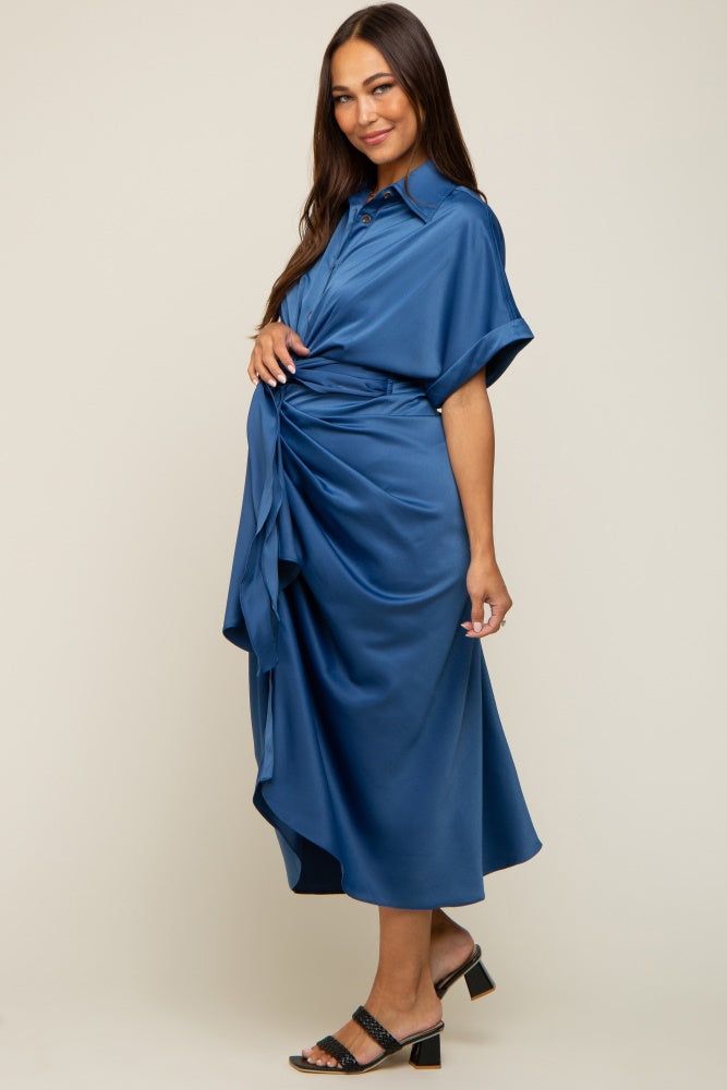 Navy Satin Button Down Gathered Maternity Midi Dress sold by Pinkblush product image thumbnail 3