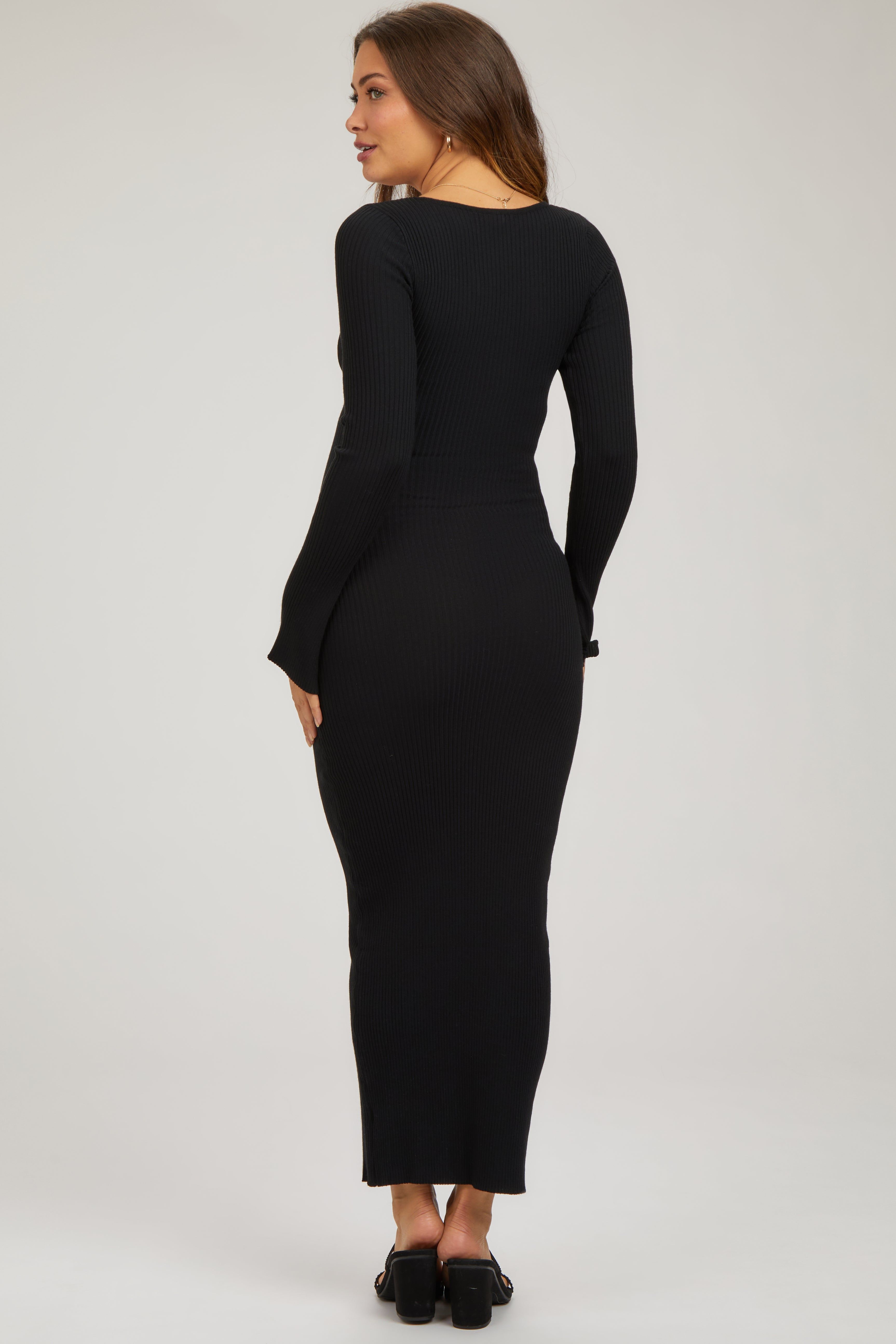 Black Front Cutout Bell Sleeve Ribbed Maternity Midi Dress sold by Pinkblush product image thumbnail 3