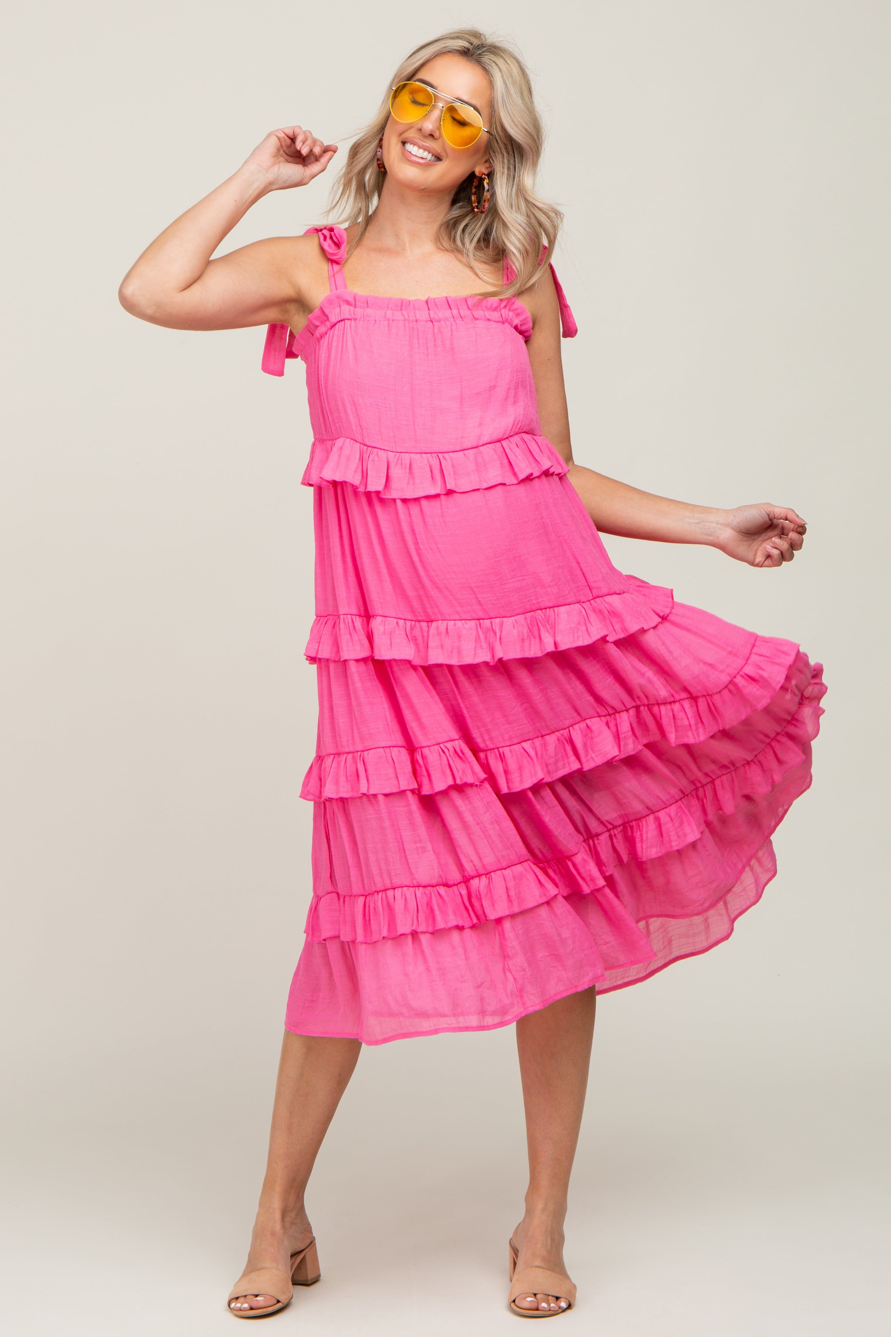 Fuchsia Ruffle Tiered Maternity Midi Dress sold by Pinkblush