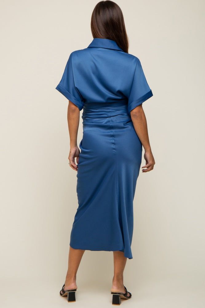 Navy Satin Button Down Gathered Maternity Midi Dress sold by Pinkblush product image thumbnail 4