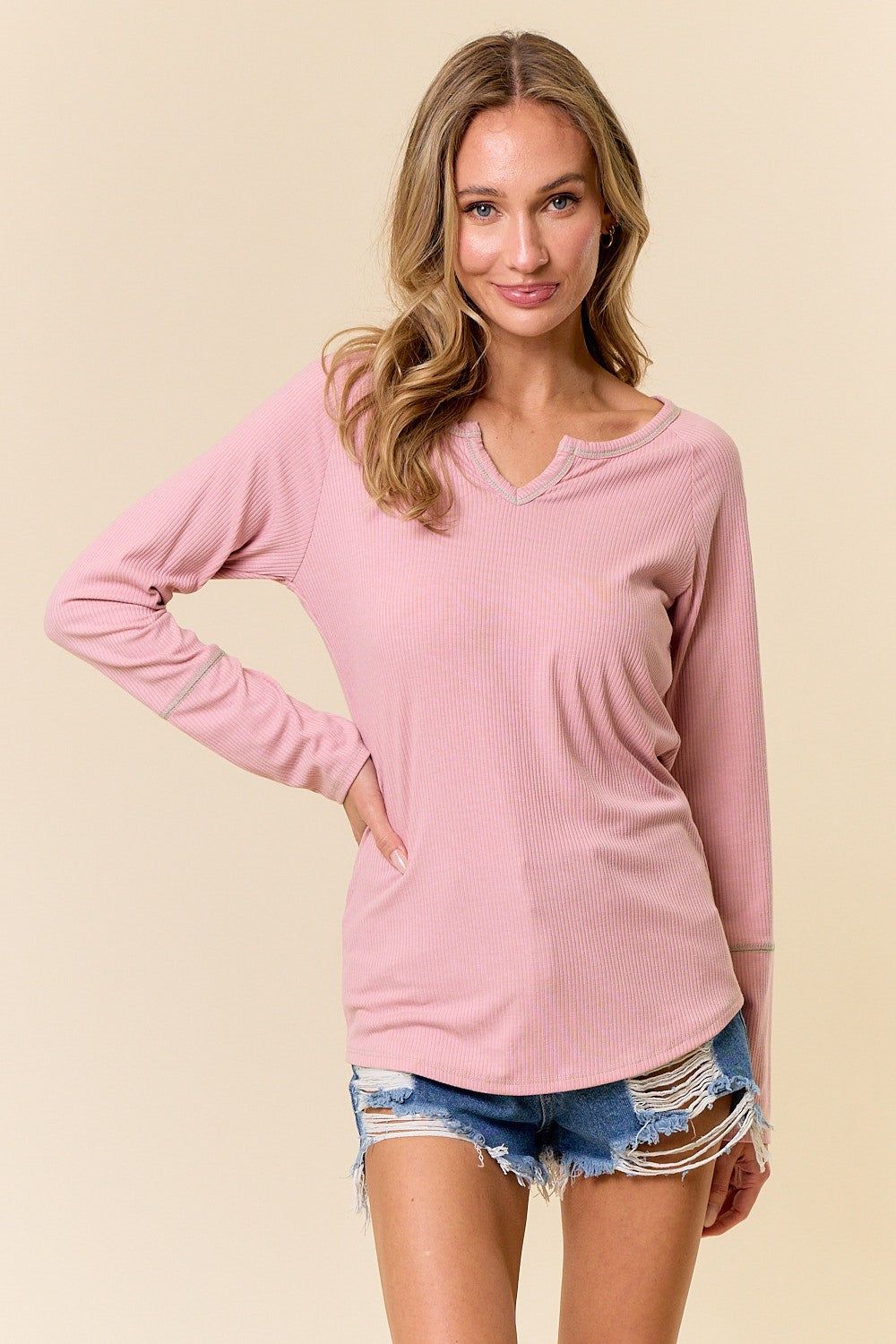 Mauve V-Neck Long Sleeve Shirt sold by Pinkblush