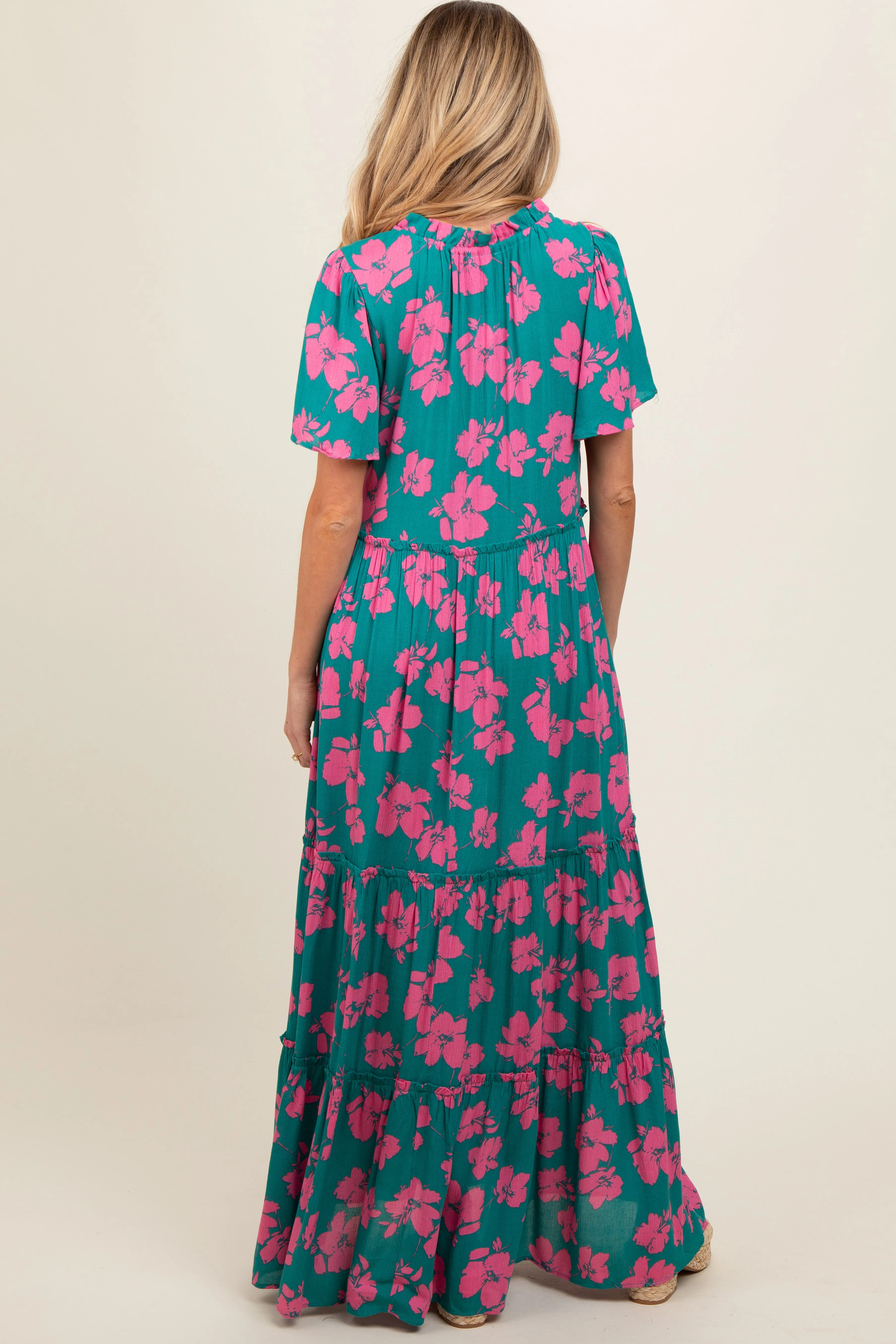 Dark Teal Floral Ruffle Neck Tiered Maternity Maxi Dress sold by Pinkblush product image thumbnail 2