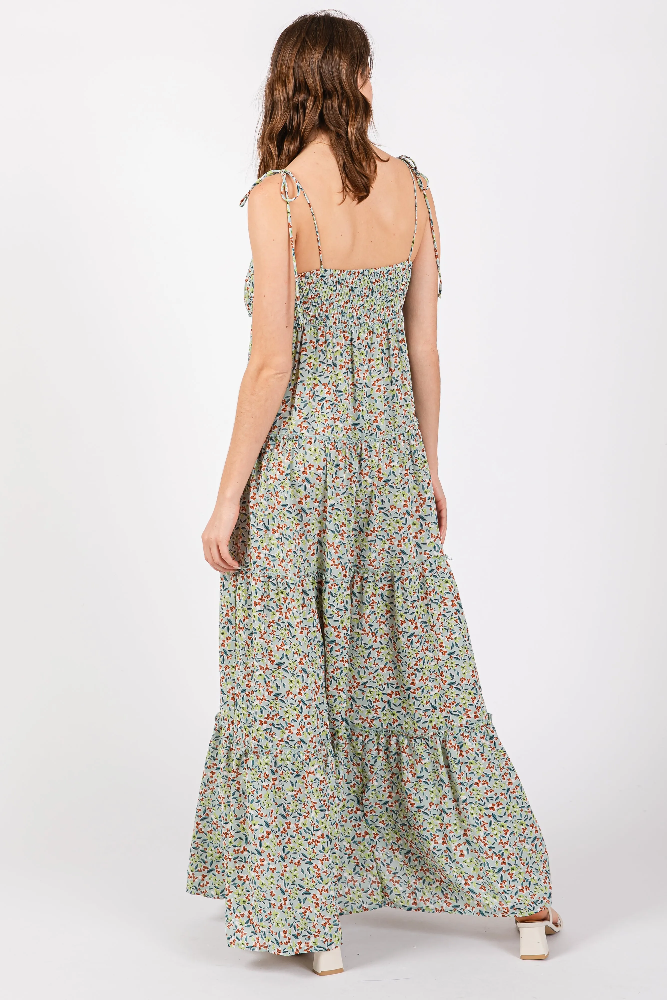 Light Olive Floral Ruched Square Neck Shoulder Tie Tiered Maxi Dress sold by Pinkblush product image thumbnail 4