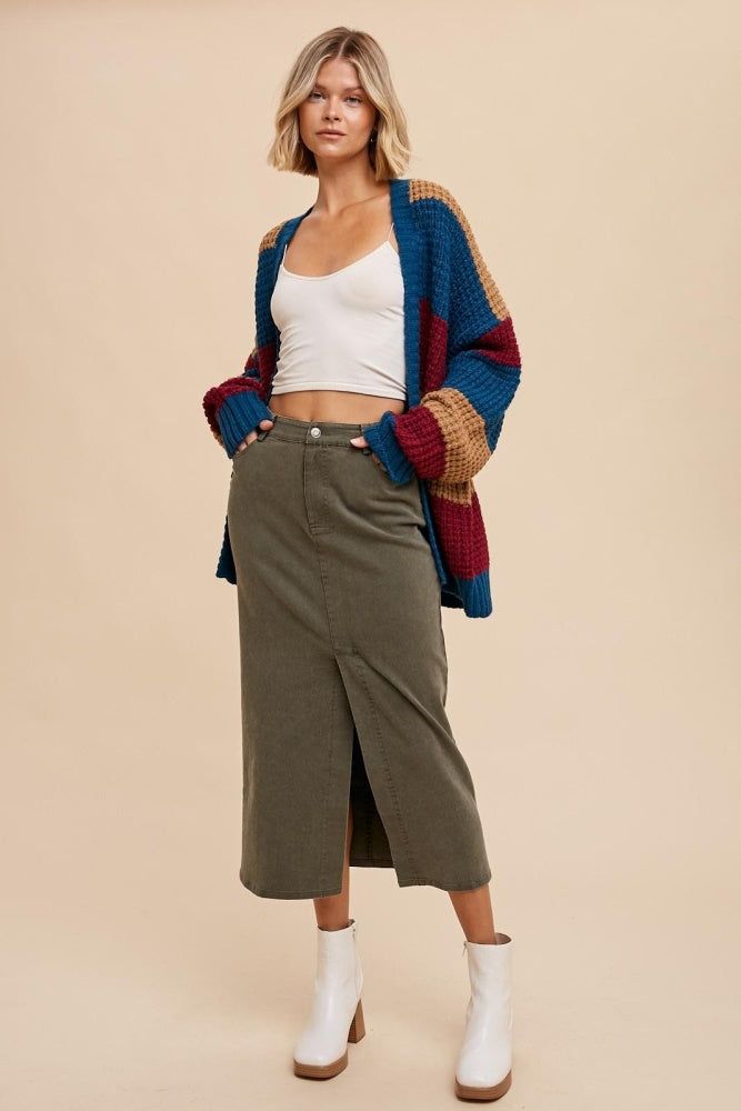 Olive Garment Washed Stretch Twill Pencil Skirt sold by Pinkblush