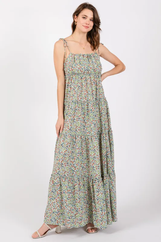 Light Olive Floral Ruched Square Neck Shoulder Tie Tiered Maxi Dress sold by Pinkblush