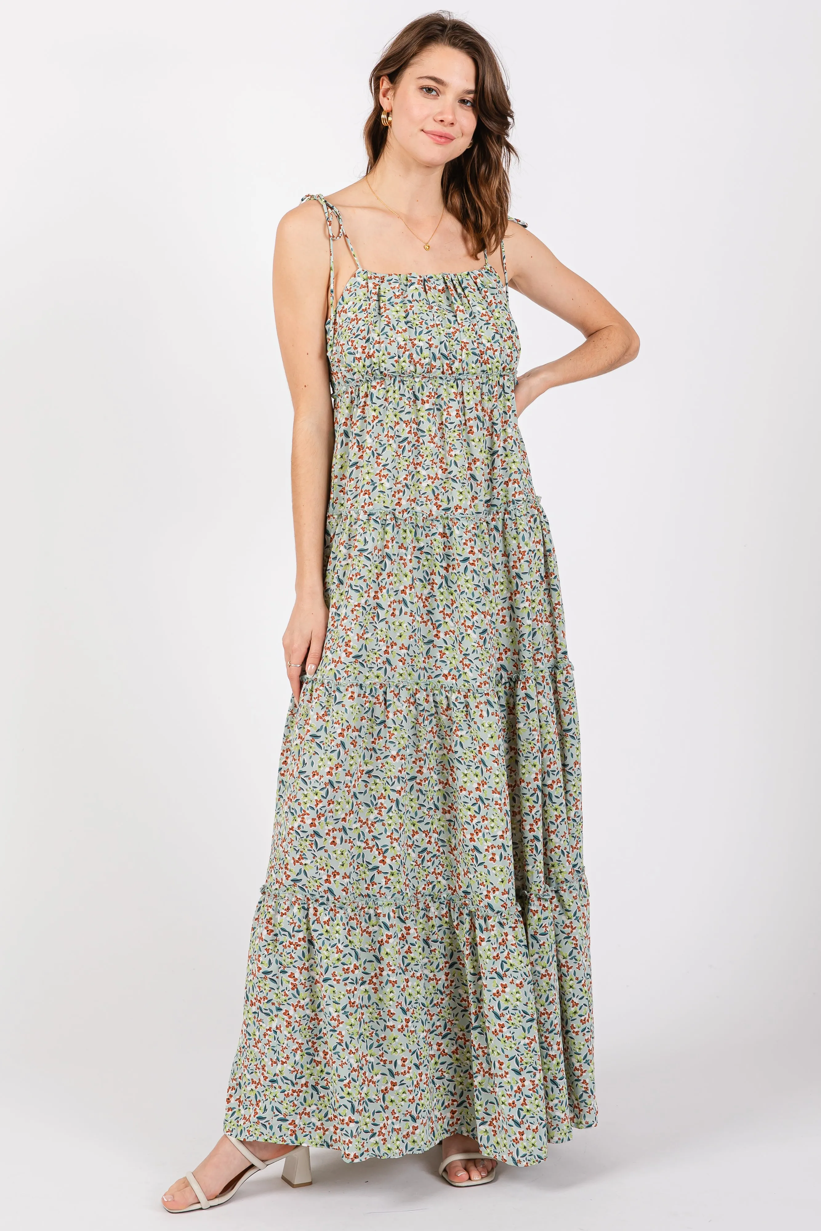 Light Olive Floral Ruched Square Neck Shoulder Tie Tiered Maxi Dress sold by Pinkblush