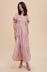 Dusty Rose Rosette Sweetheart Neck Floral Tiered Dress sold by Pinkblush