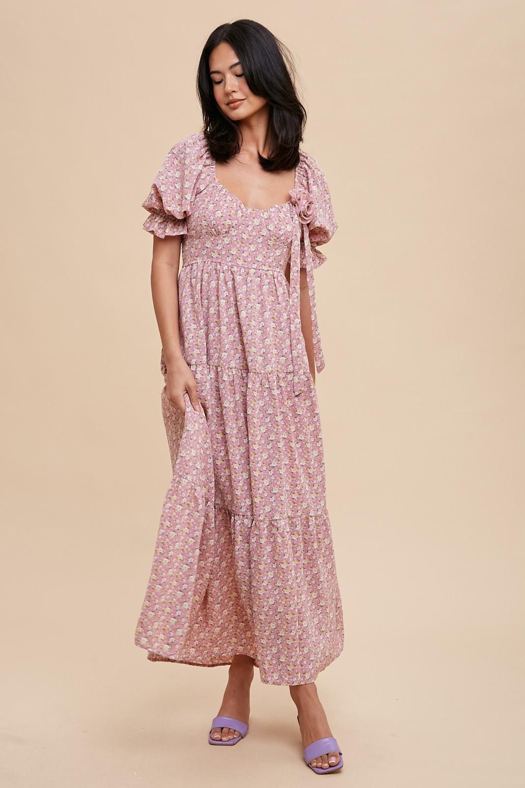 Dusty Rose Rosette Sweetheart Neck Floral Tiered Dress sold by Pinkblush product image thumbnail 3