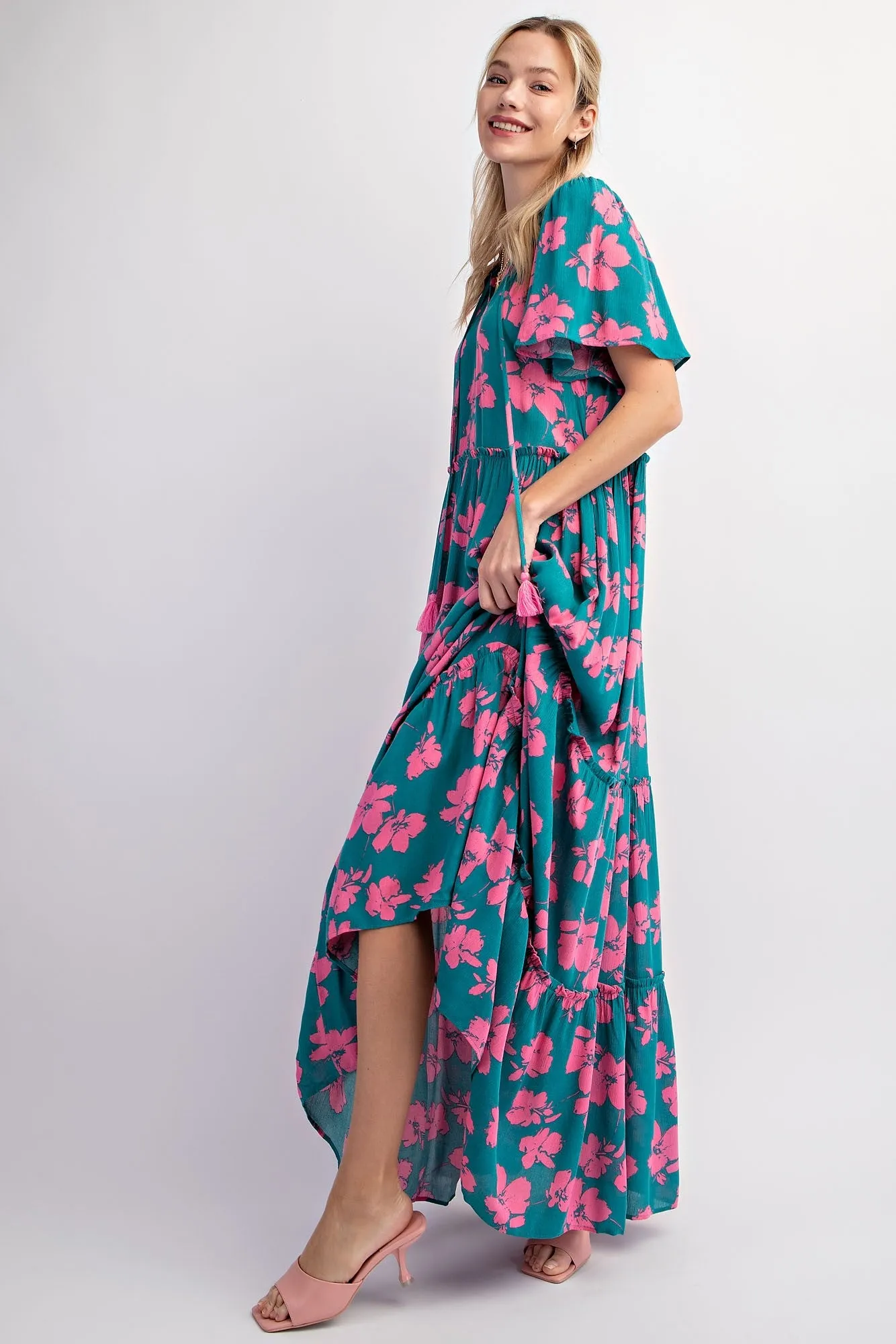 Dark Teal Floral Ruffle Neck Tiered Maternity Maxi Dress sold by Pinkblush product image thumbnail 3
