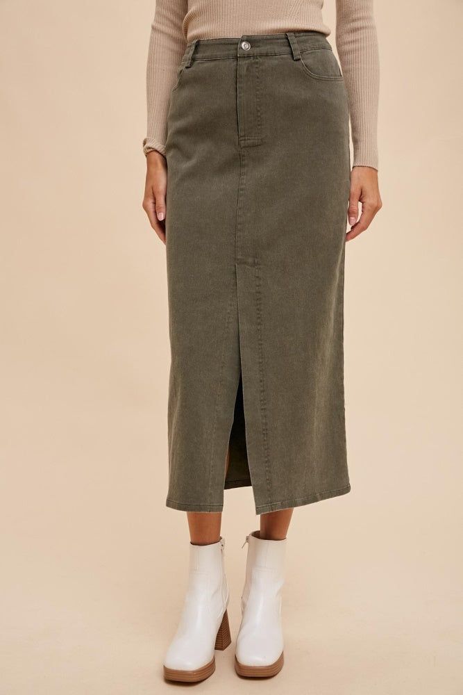 Olive Garment Washed Stretch Twill Pencil Skirt sold by Pinkblush product image thumbnail 2