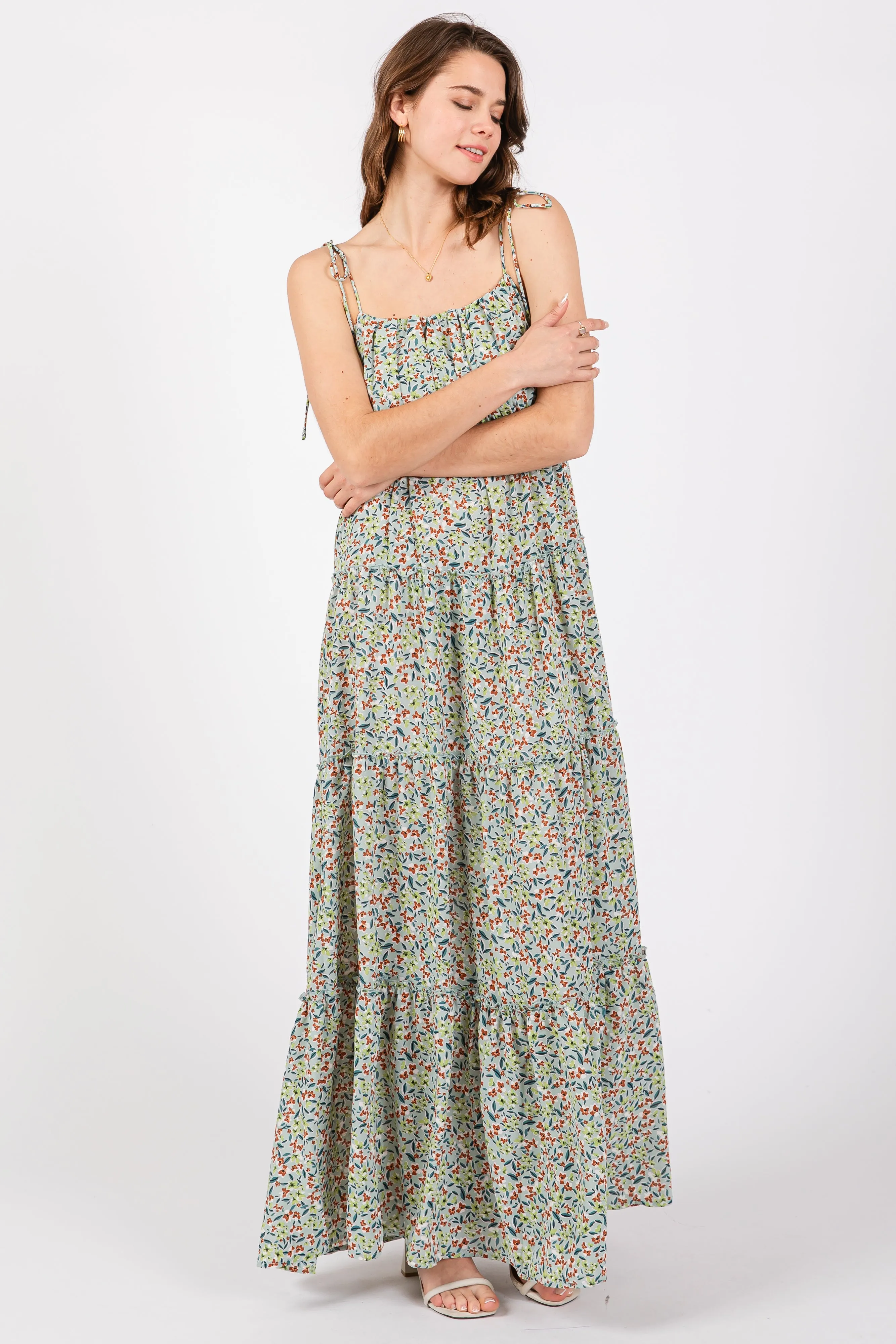 Light Olive Floral Ruched Square Neck Shoulder Tie Tiered Maxi Dress sold by Pinkblush product image thumbnail 2