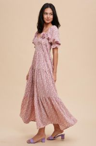 Dusty Rose Rosette Sweetheart Neck Floral Tiered Dress sold by Pinkblush