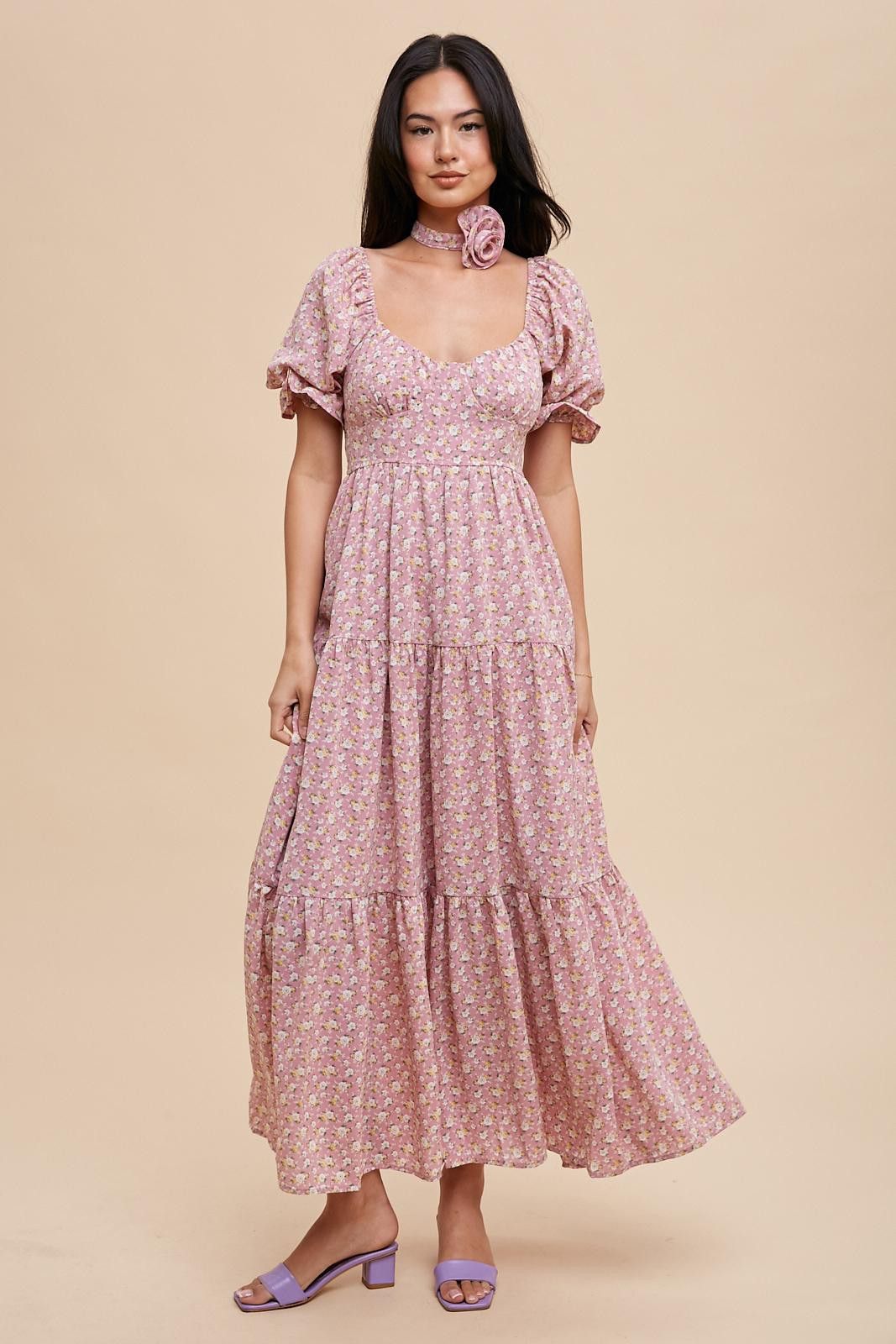 Dusty Rose Rosette Sweetheart Neck Floral Tiered Dress sold by Pinkblush