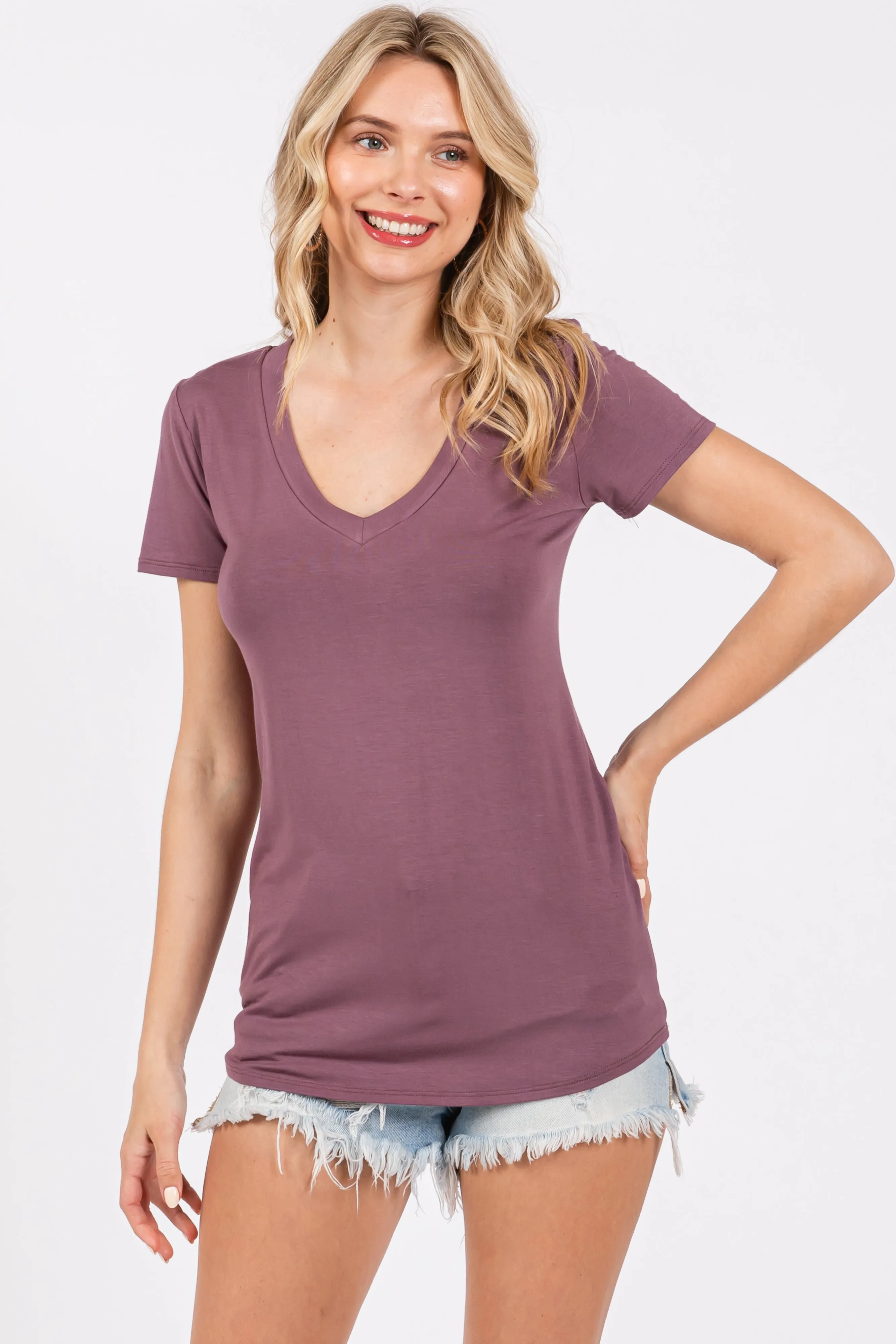 Purple V-Neck Short Sleeve Top sold by Pinkblush