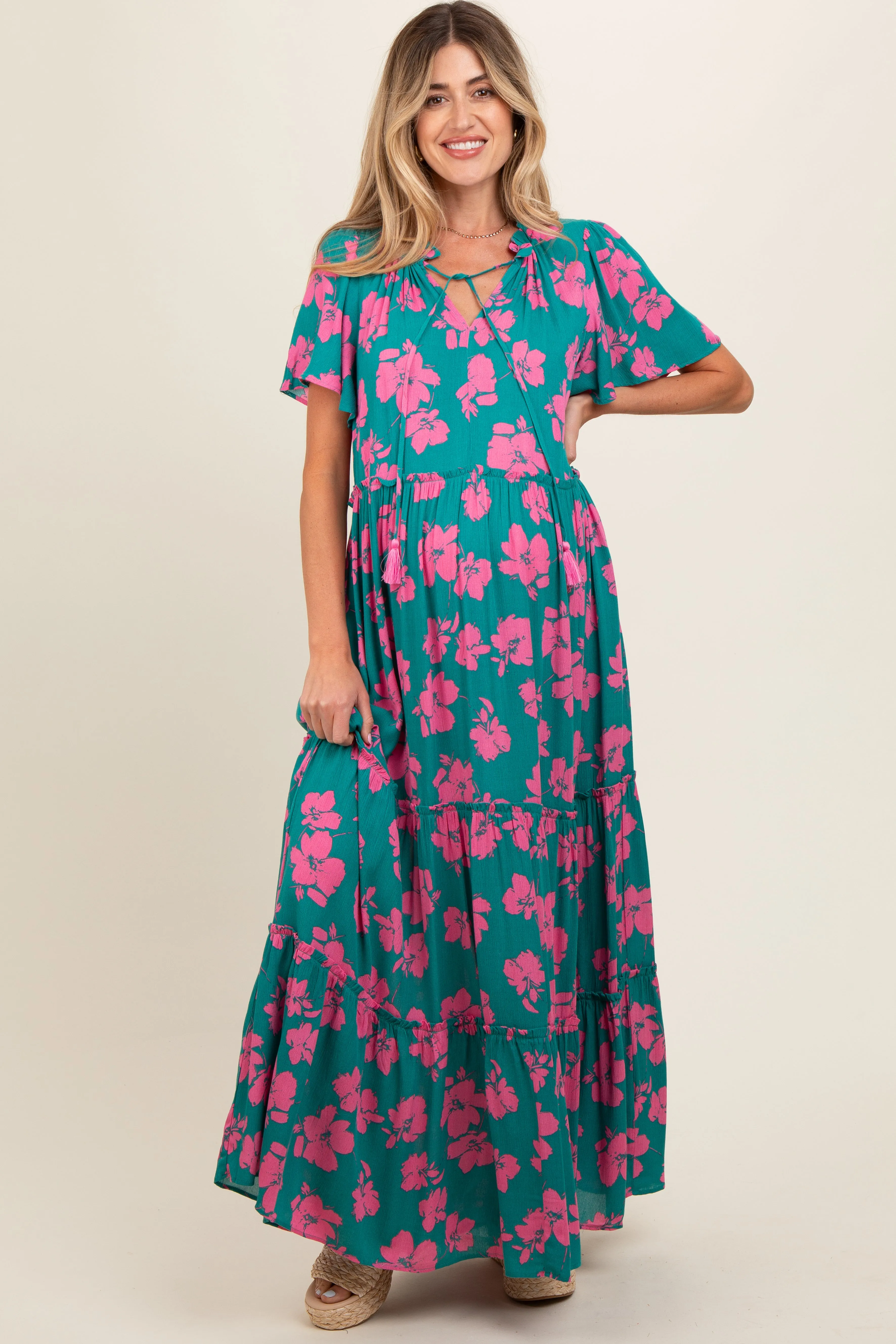 Dark Teal Floral Ruffle Neck Tiered Maternity Maxi Dress sold by Pinkblush