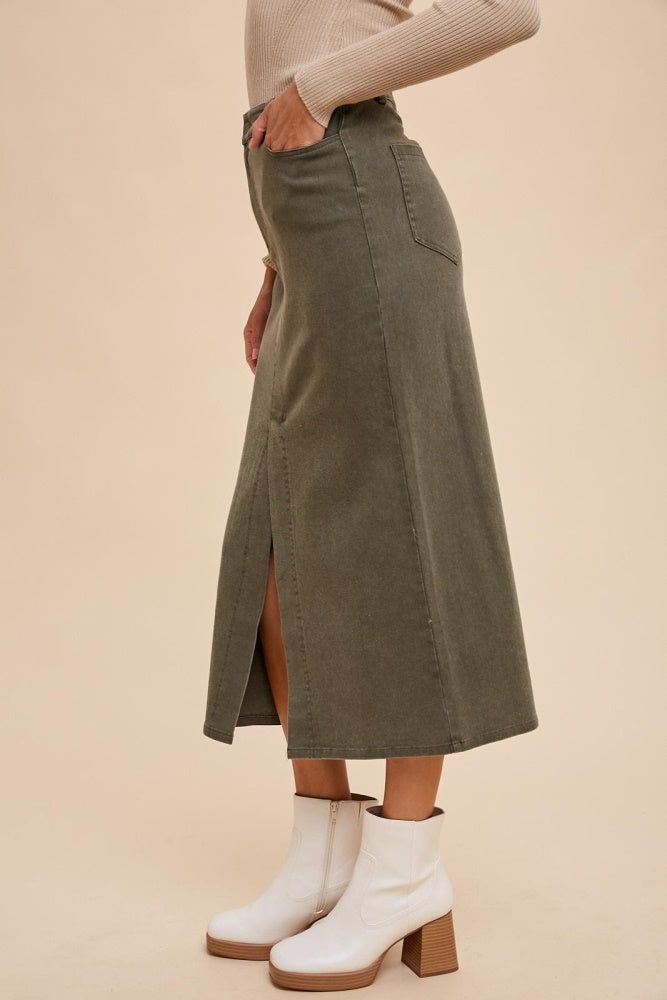 Olive Garment Washed Stretch Twill Pencil Skirt sold by Pinkblush product image thumbnail 3