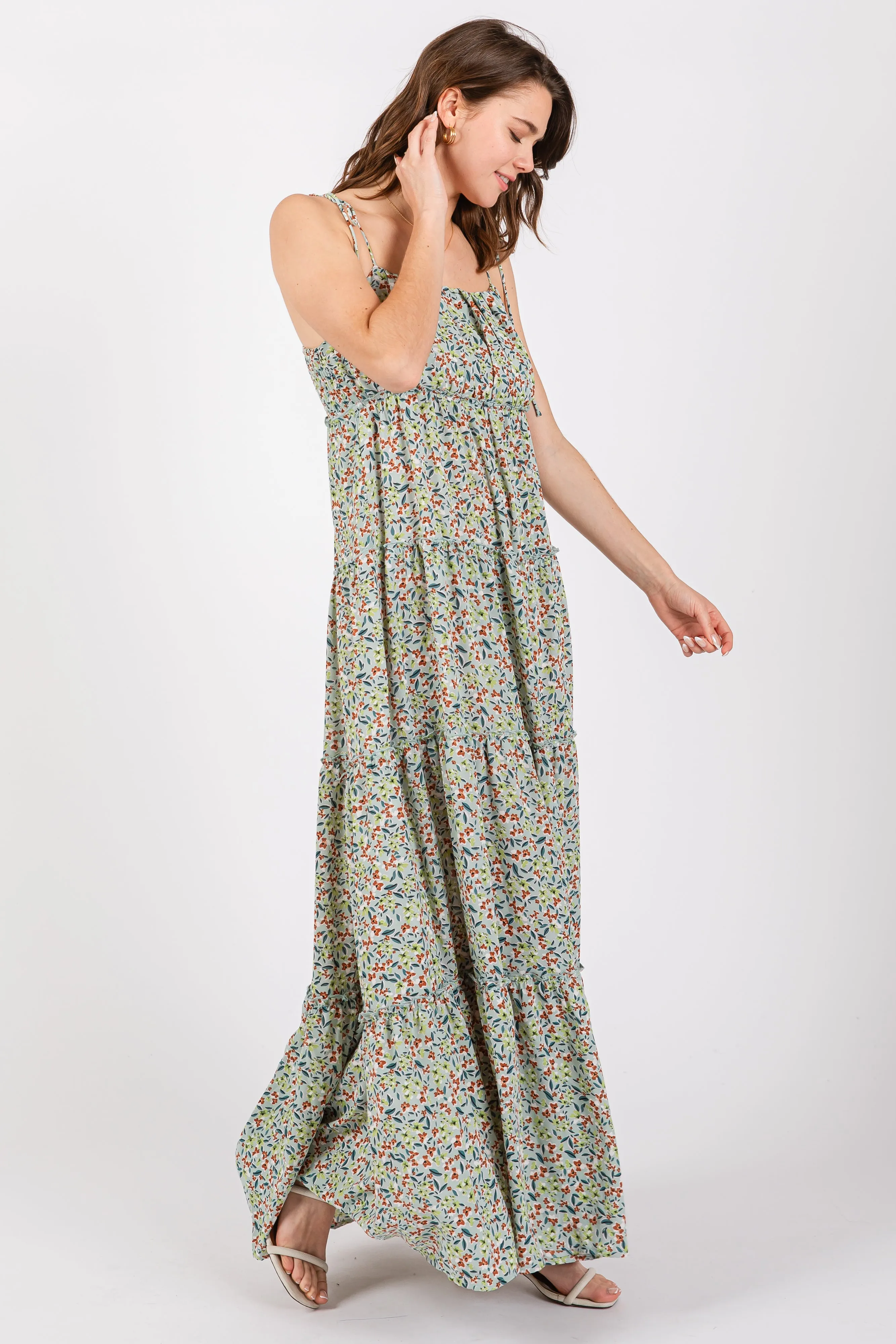 Light Olive Floral Ruched Square Neck Shoulder Tie Tiered Maxi Dress sold by Pinkblush product image thumbnail 3