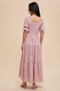Dusty Rose Rosette Sweetheart Neck Floral Tiered Dress sold by Pinkblush
